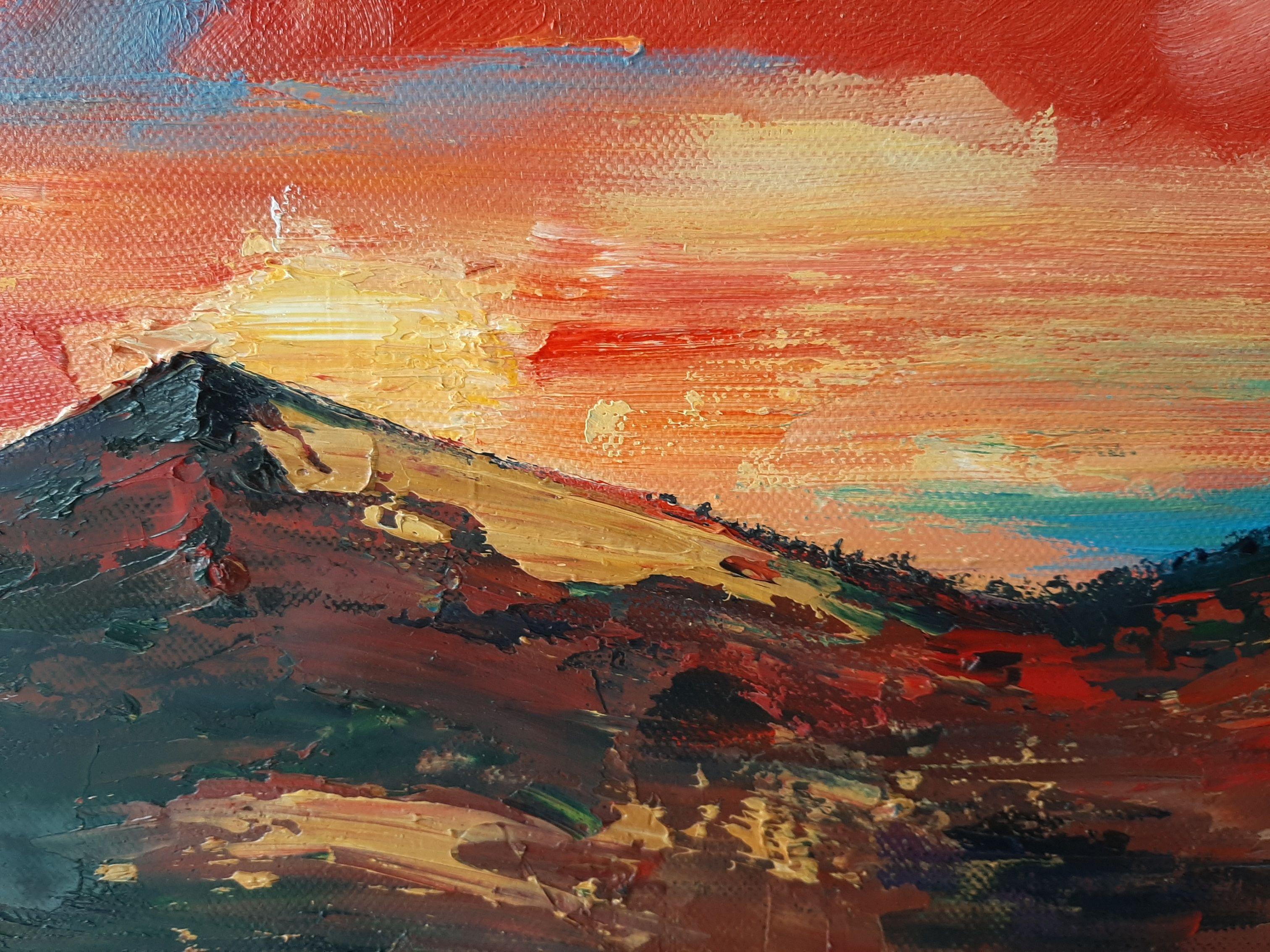 Solstice Song  is a painting from a small series of works inspired by The setting sun on the summer solstice night, the whole sky was a blaze with fiery reds and oranges as the sun set behind Croghan mountain on the Wicklow/Weford border..  I am so