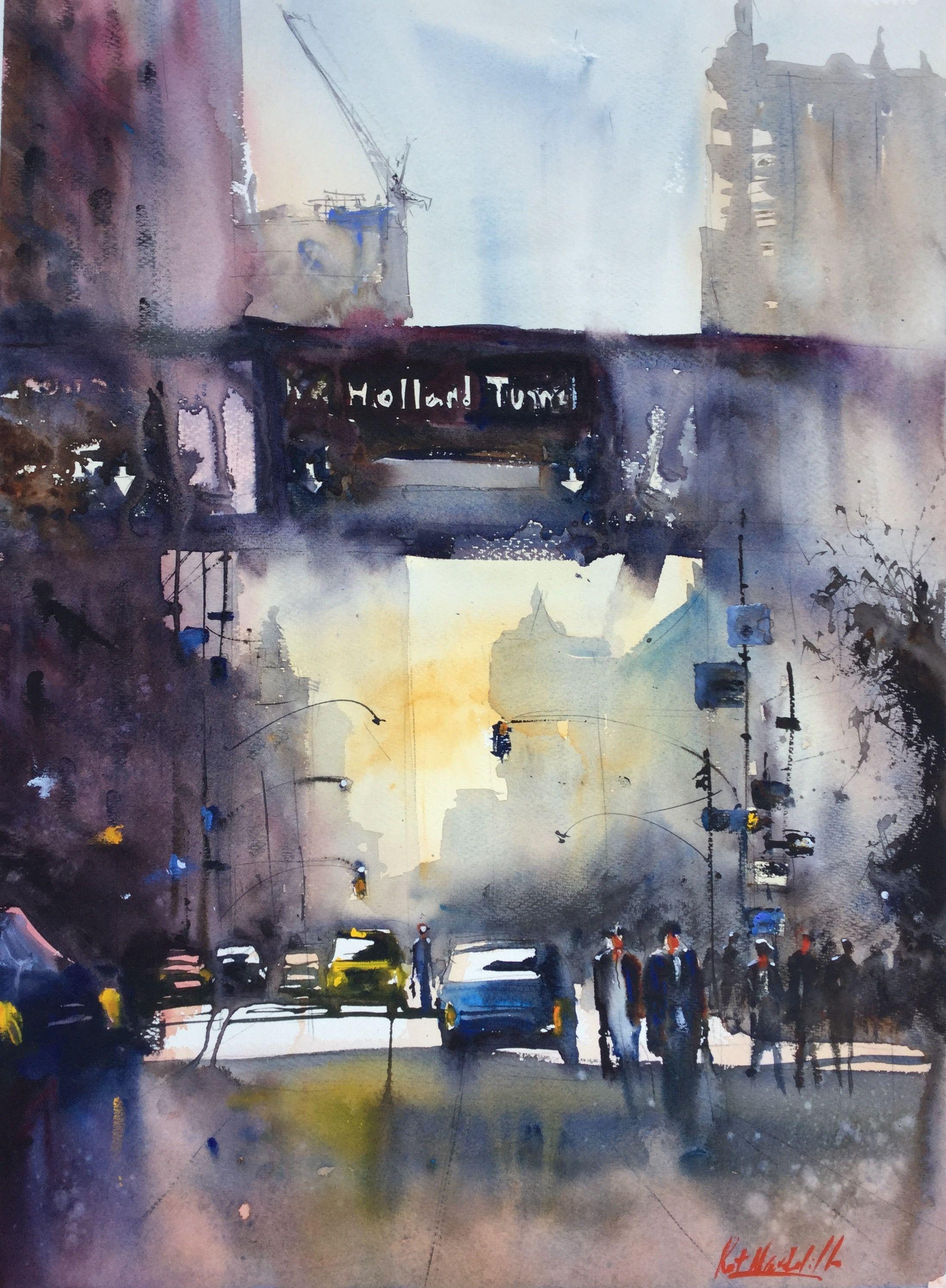 Holland Tunnel NYC, Pintura, Acuarela sobre papel - Art de Robert Nardolillo