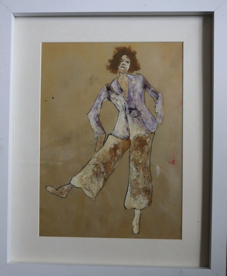 Lady with Blue Jacket, Painting, Oil on Paper For Sale 1