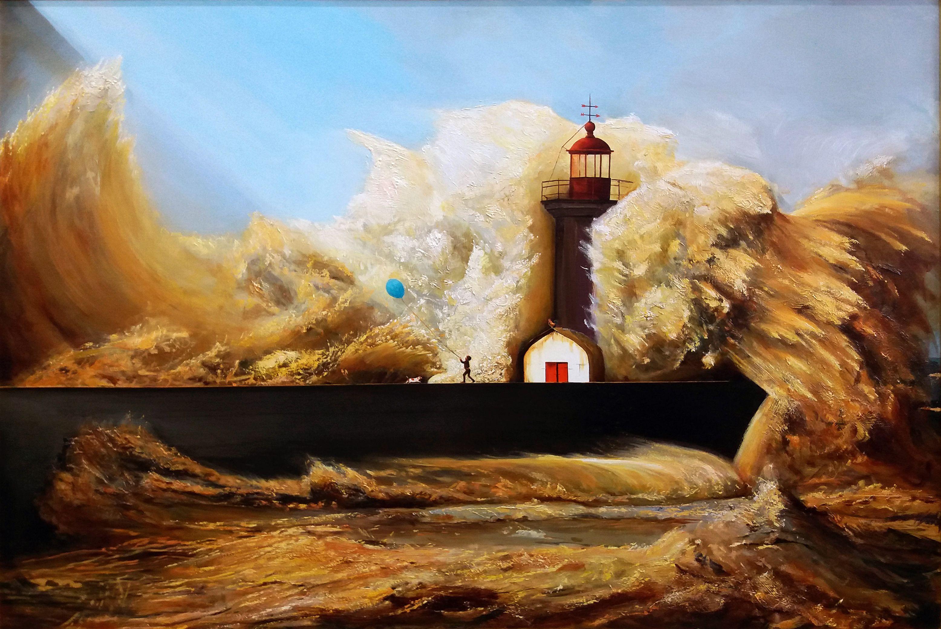 Storm in Porto, Gemälde, Öl auf Holzplatte – Painting von Robert Szczebiot