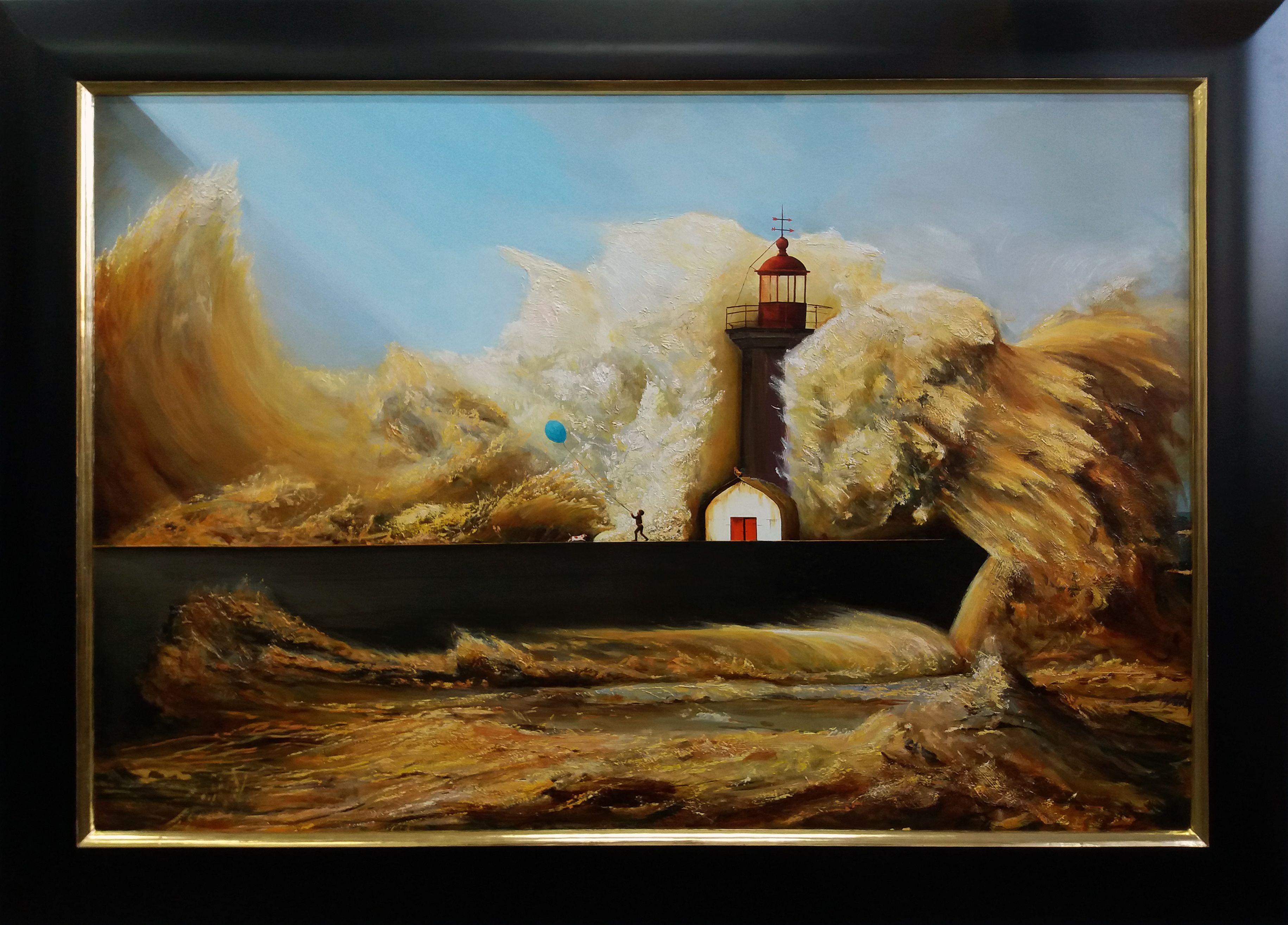 Storm in Porto, Gemälde, Öl auf Holzplatte (Surrealismus), Painting, von Robert Szczebiot