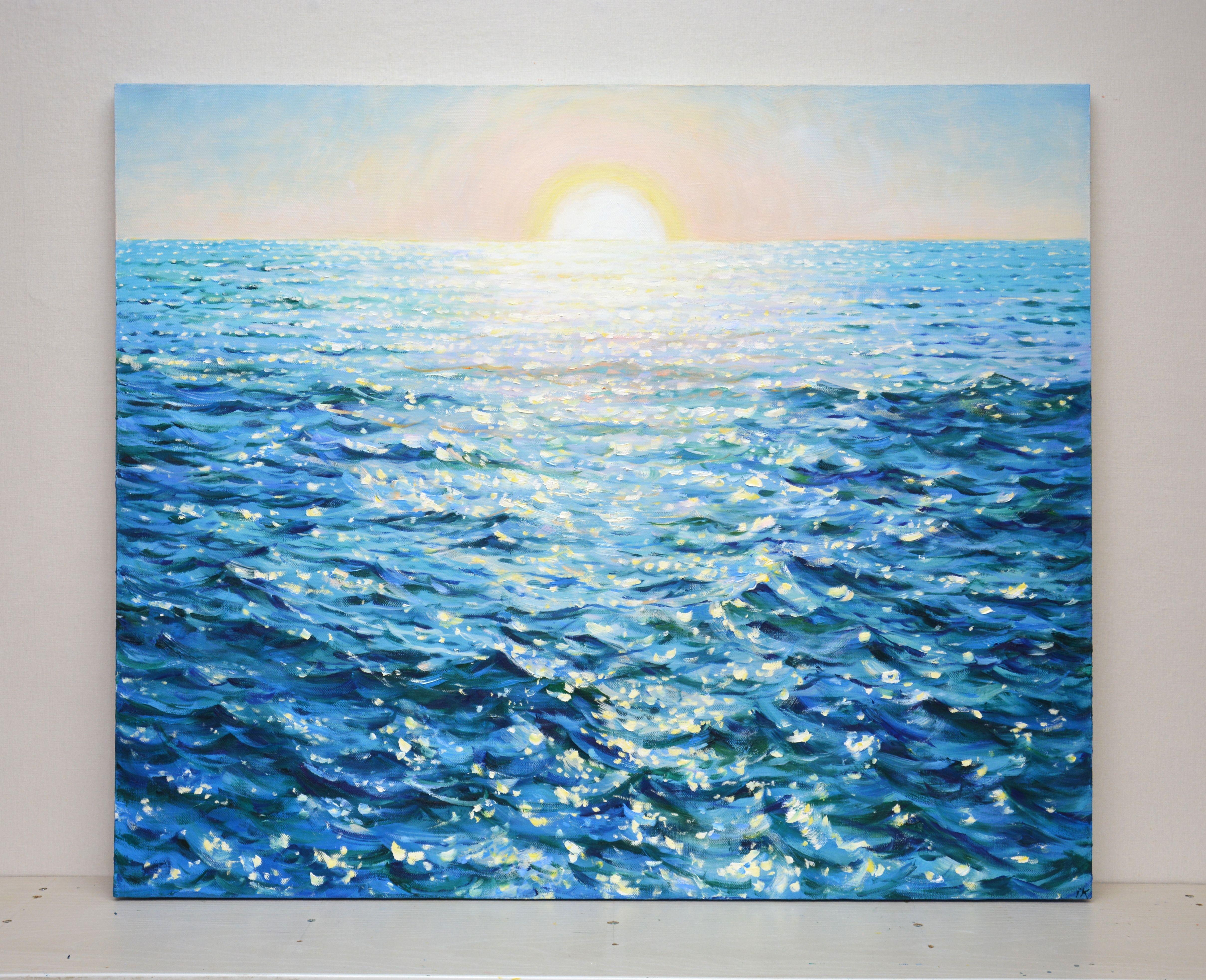 Sunrise over the ocean, light reflected from rolling waves. A rich palette of blue, white emphasizes the energy of the sea. Impressionism When traveling, I always bring along an album for painting, canvas and painting. I study a lot of the sea and