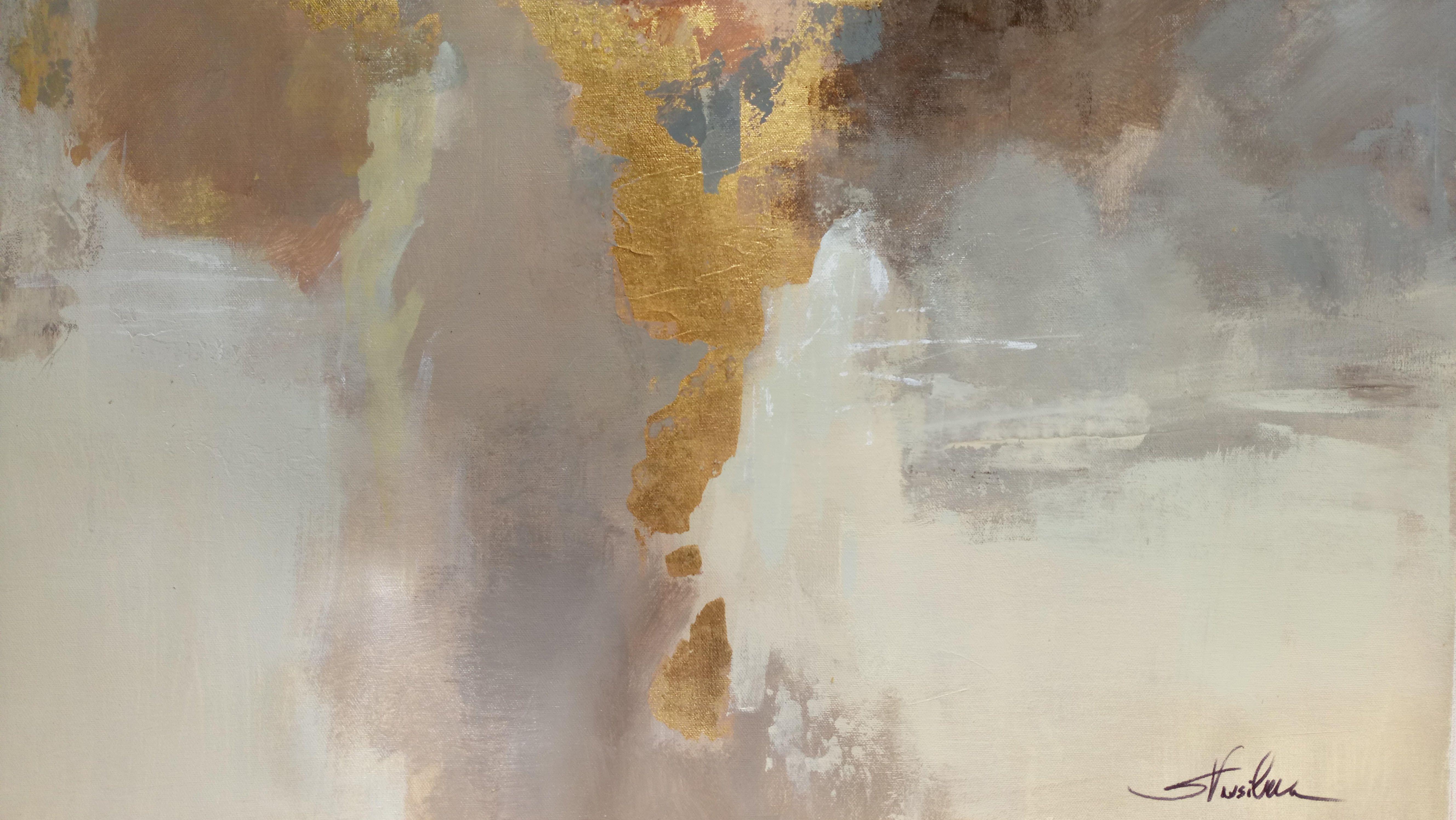 Peinture abstraite neutre et dorée, peinture, acrylique sur toile - Painting de silvia vassileva