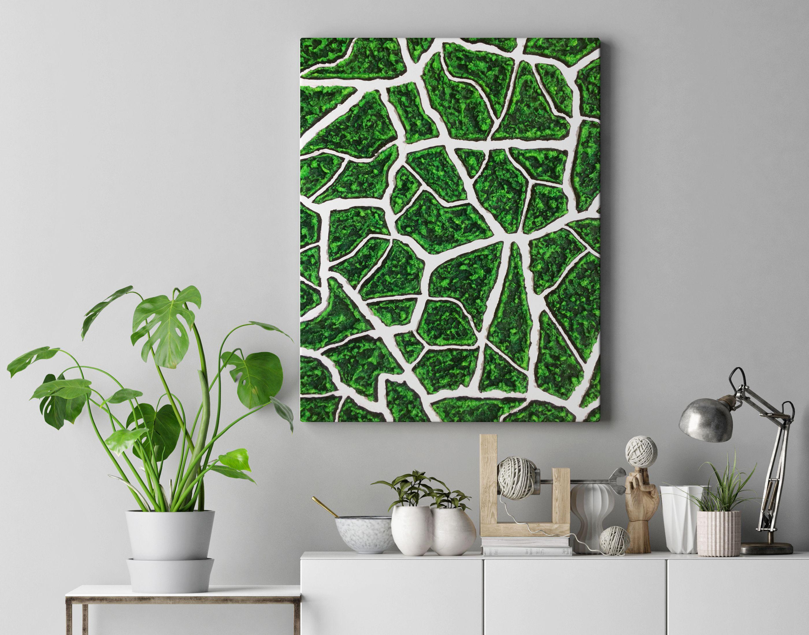 Verano is a richly textured work of abstract art. The vibrant green surface, intersected with clean white patterns, is a celebration of the profusion of flora found in the natural world.    Gallery wrapped.  Mixed media on canvas.  Ready to hang. ::