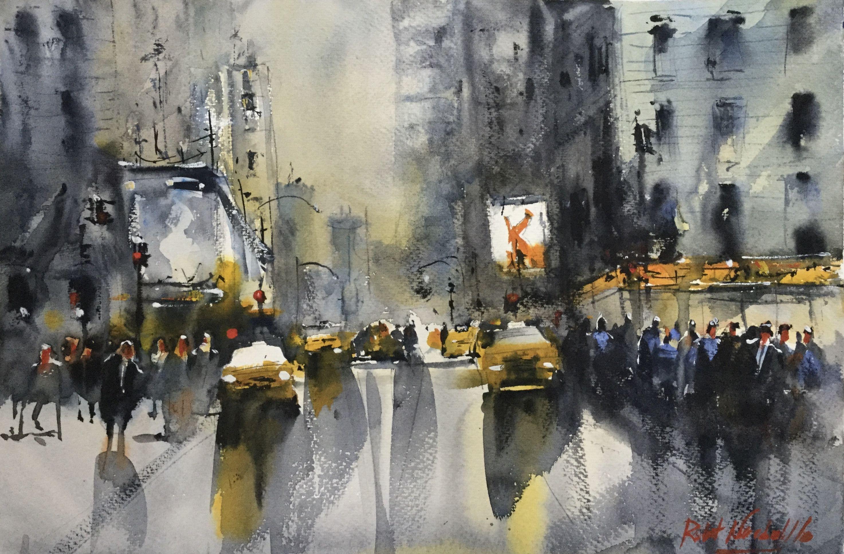 Times Square, Painting, Watercolor on Watercolor Paper - Art by Robert Nardolillo