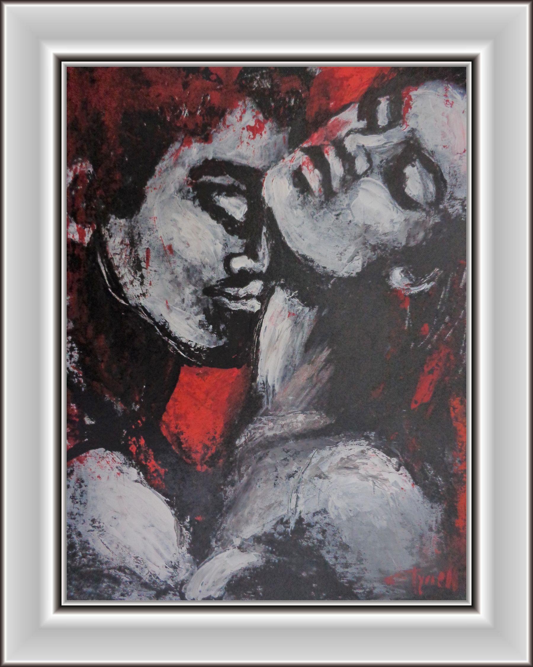 Original figurative acrylics painting on canvas board, unframed, part of a new series. Powerful image of a man passionately kissing a woman on her neck.  Textured painting made using black, white and red acrylics applied with a palette knife. Size