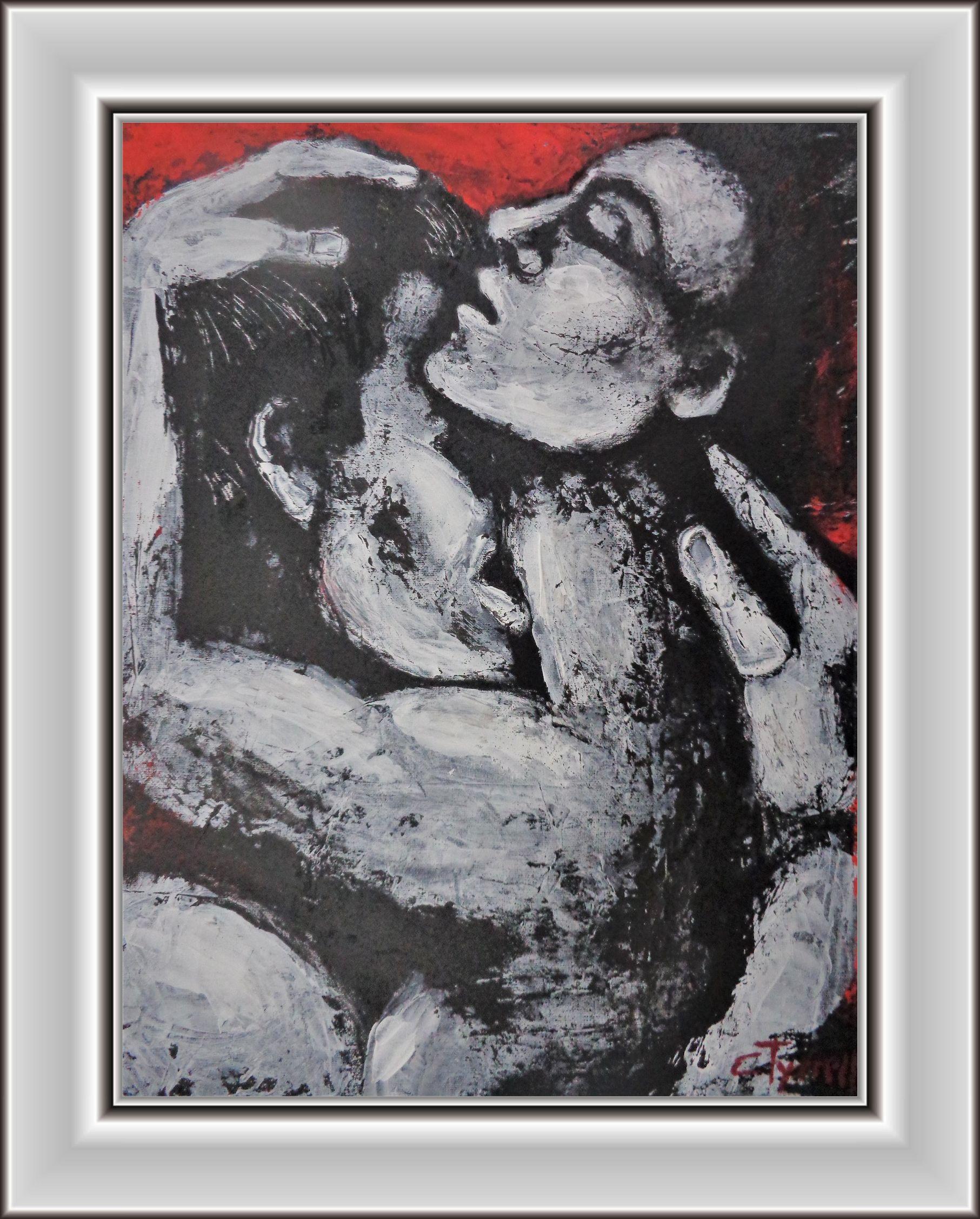 Original figurative acrylics painting on canvas board, unframed, part of a new series. Expressive and powerful profile image of a man and a woman passionately kissing. Textured painting made using black, white and red acrylics applied with a palette