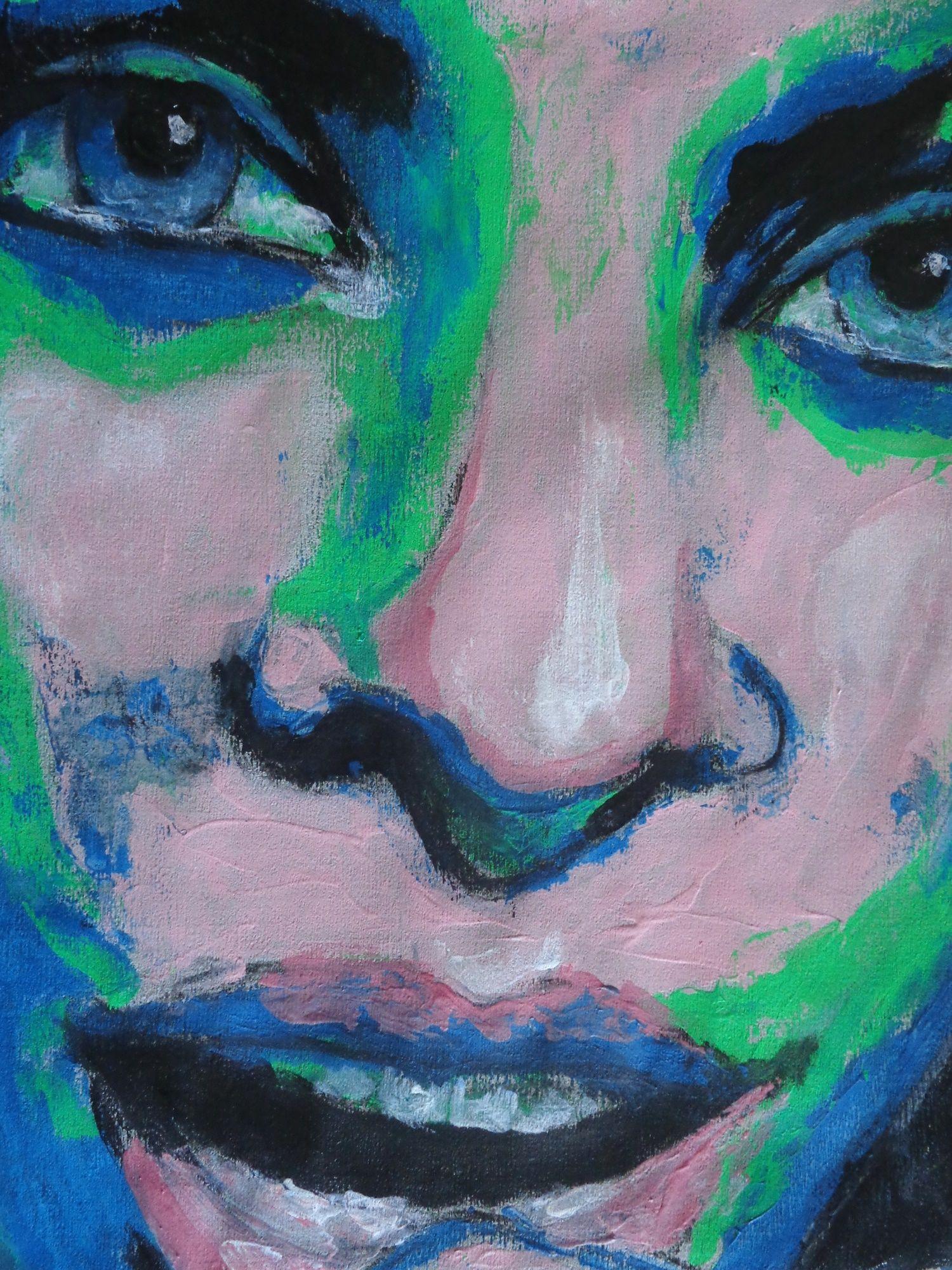 Homage to amazing women! Original figurative acrylics painting on textured paper. Blue, green and pink acrylics painting using the palette knife. A close up of a woman portrait in amaze. Size 53 cm x 74 cm (21