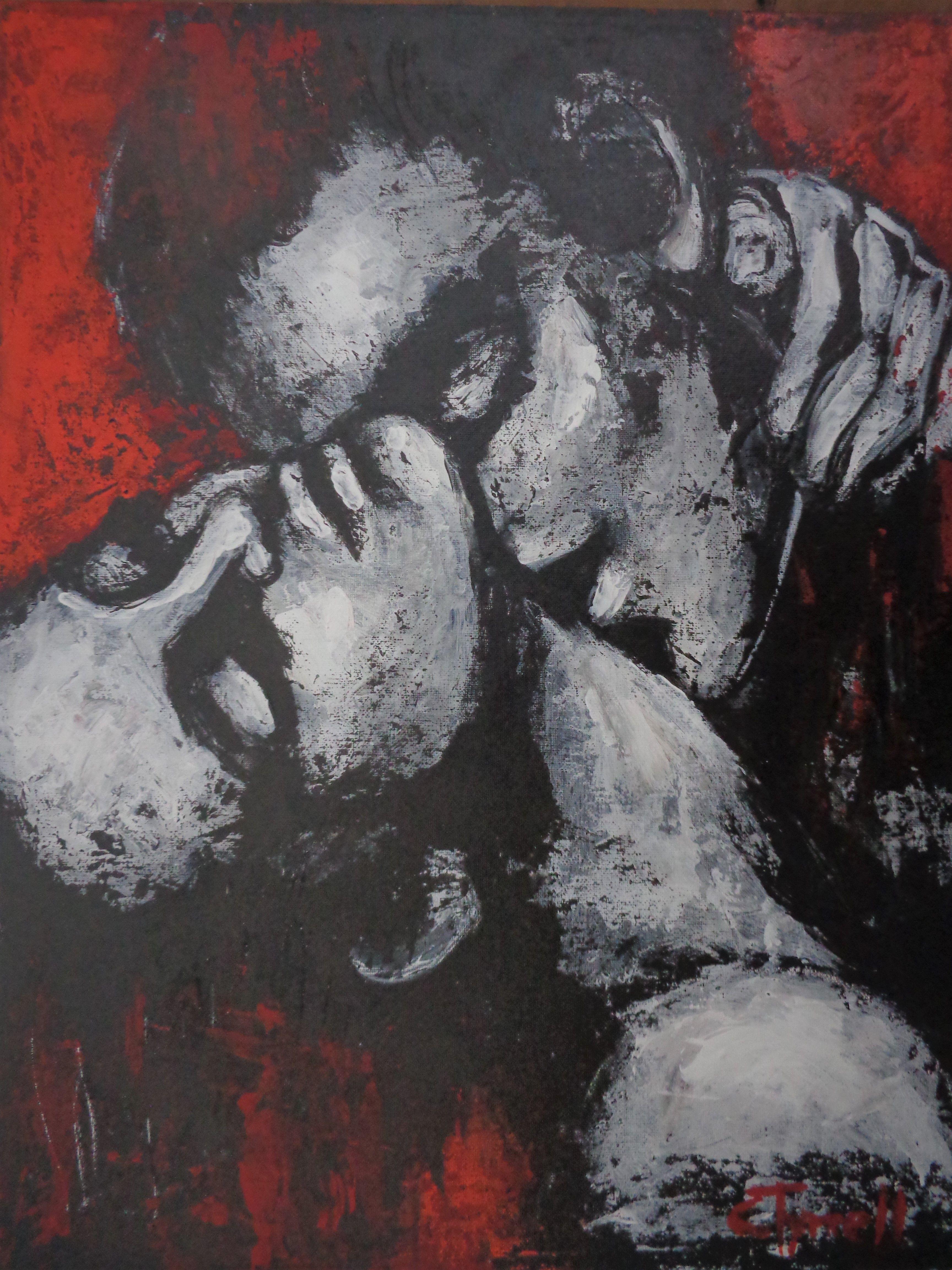 Original figurative acrylics painting on canvas board, unframed, part of a new series. Expressive and powerful image of a man and a woman passionately kissing. Textured painting made using black, white and red acrylics applied with a palette knife.