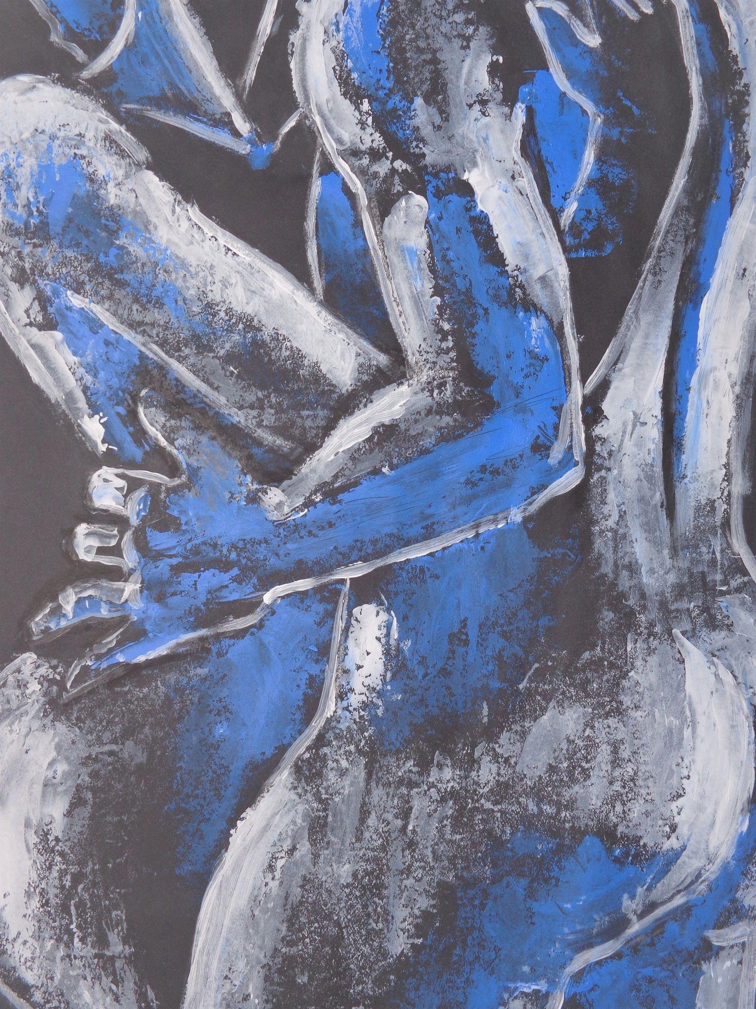 Original contemporary figurative painting, unframed. White and blue acrylics on black paper, part of a new series of erotic and sensual drawings and paintings of passionate lovers. Size 59 cm x 84 cm (23.5