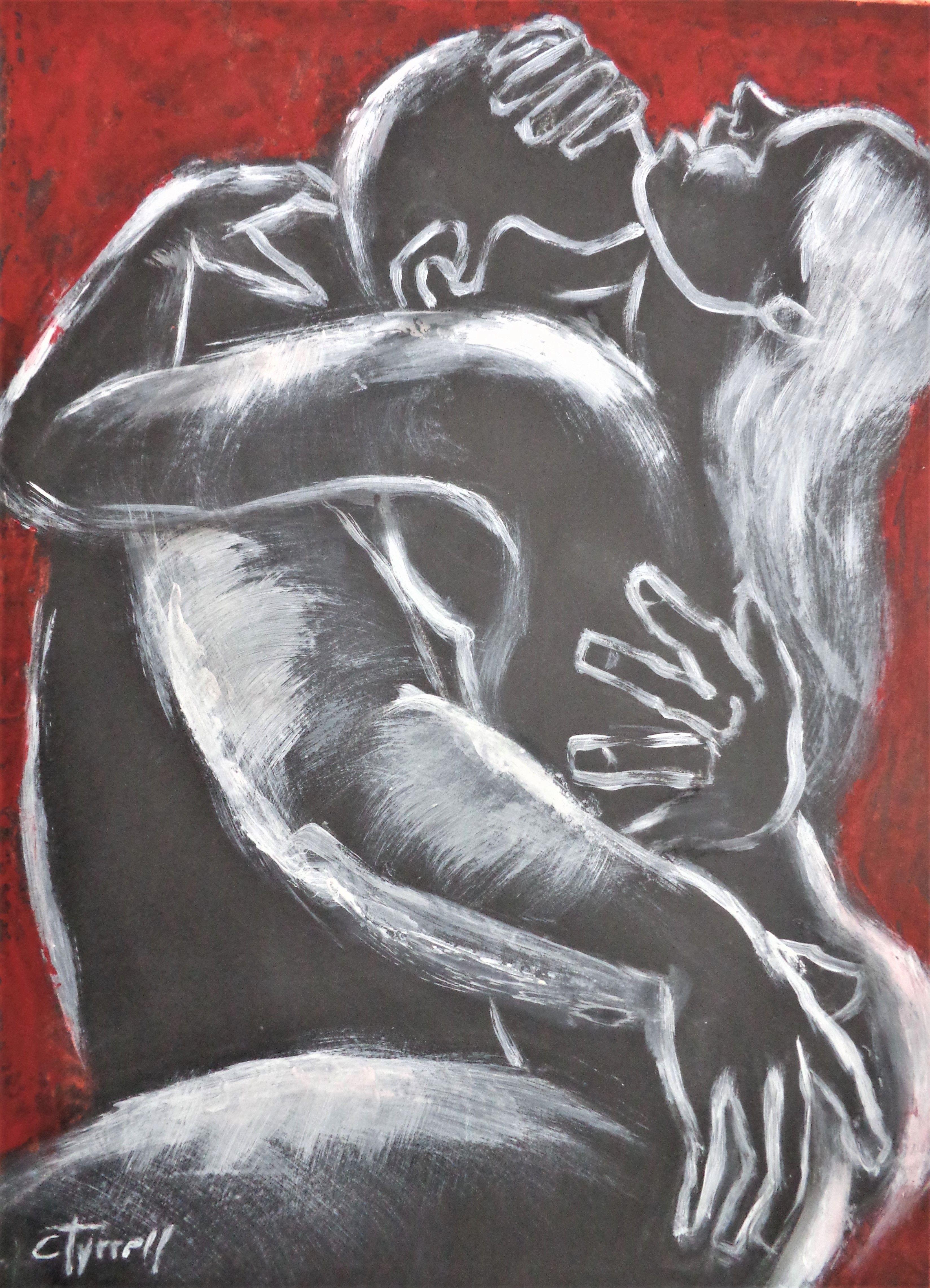 Original contemporary figurative painting, unframed. White and red acrylics on black paper. Part of a new series of erotic and sensual drawings of passionate lovers. Size 59 cm x 84 cm (23.5" x 33"). Certificate of Authenticity. Deliver
