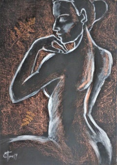 Golden Fern 2 - Female Nude, Painting, Acrylic on Paper