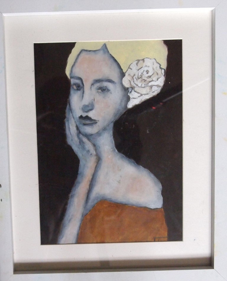 woman with flower, Painting, Oil on Paper For Sale 1