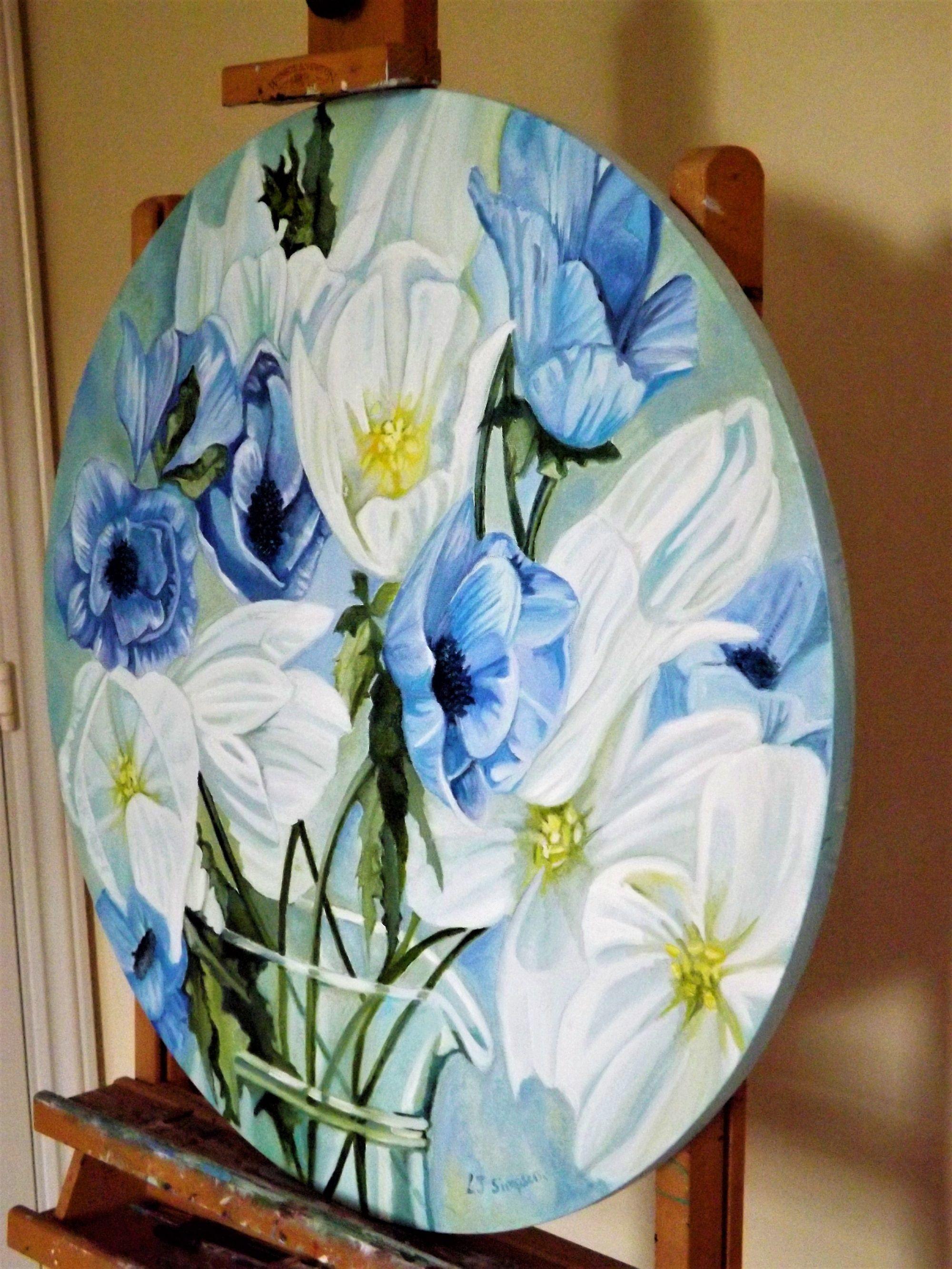 This is a first from my new collection that I am developing. Using blue anemones and white tulips it still has elements from my signature style, for example the close up crop of the flowers that fill the entire canvas with the emphasis on light and