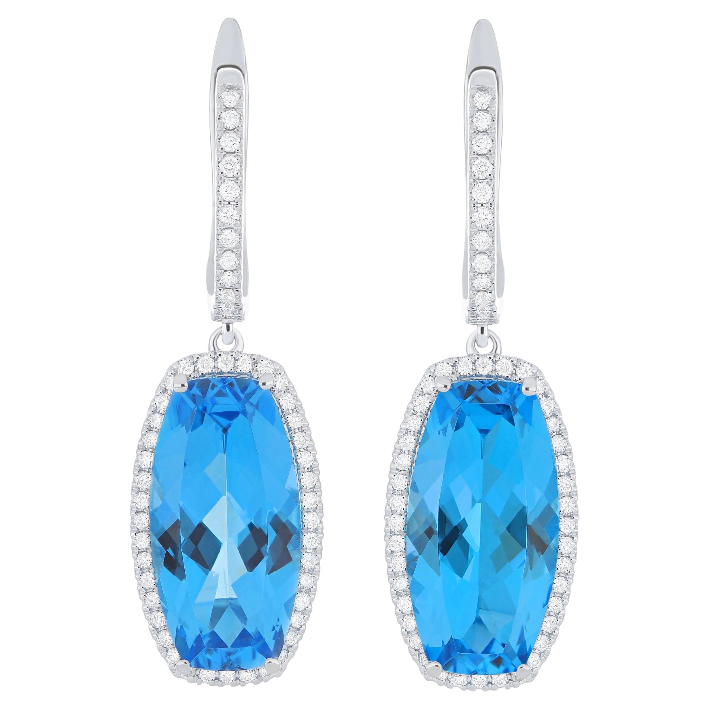 12.33CT's Swiss Blue Topaz and Diamond Drop Earring in 18k Whtie Gold