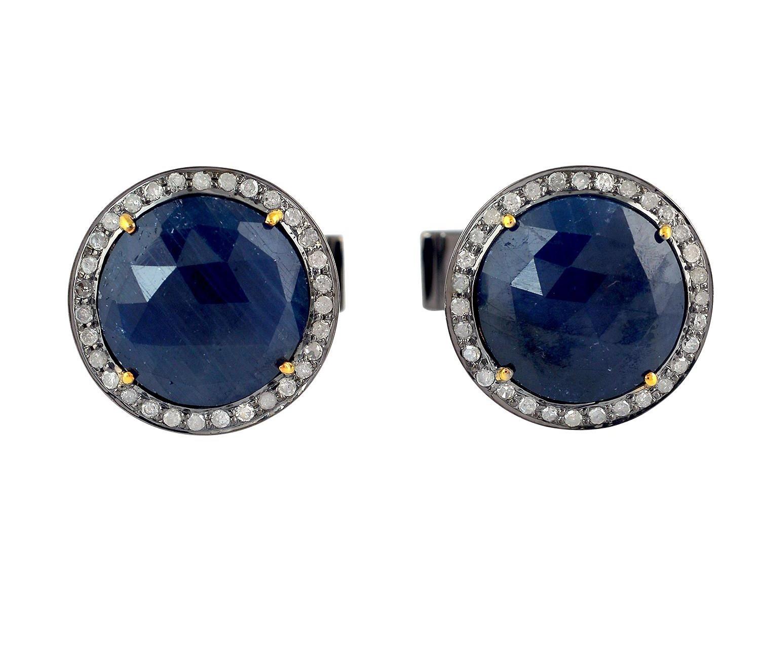 Moderne Boutons de manchette saphir bleu 12,34 carats et diamants en vente