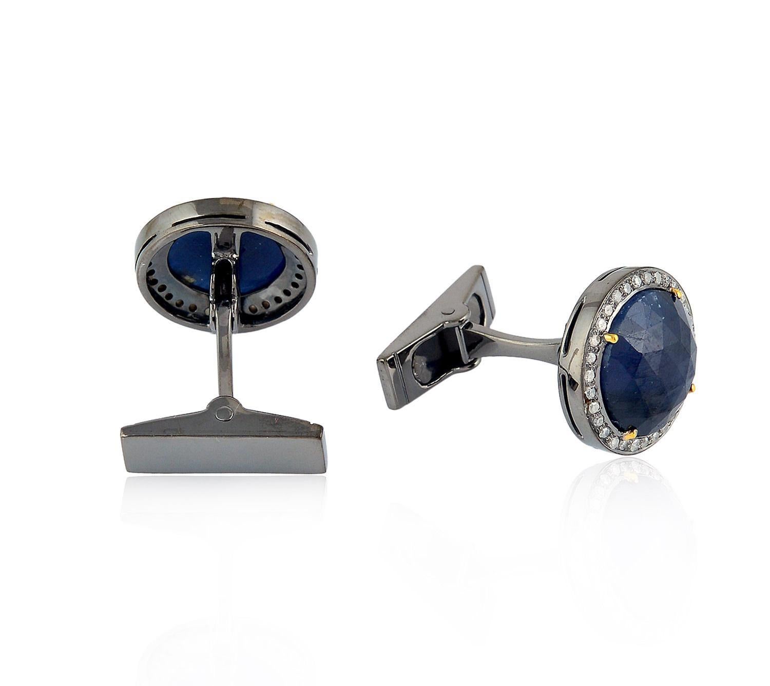 Modern 12.34 Carat Blue Sapphire Diamond Cufflinks For Sale