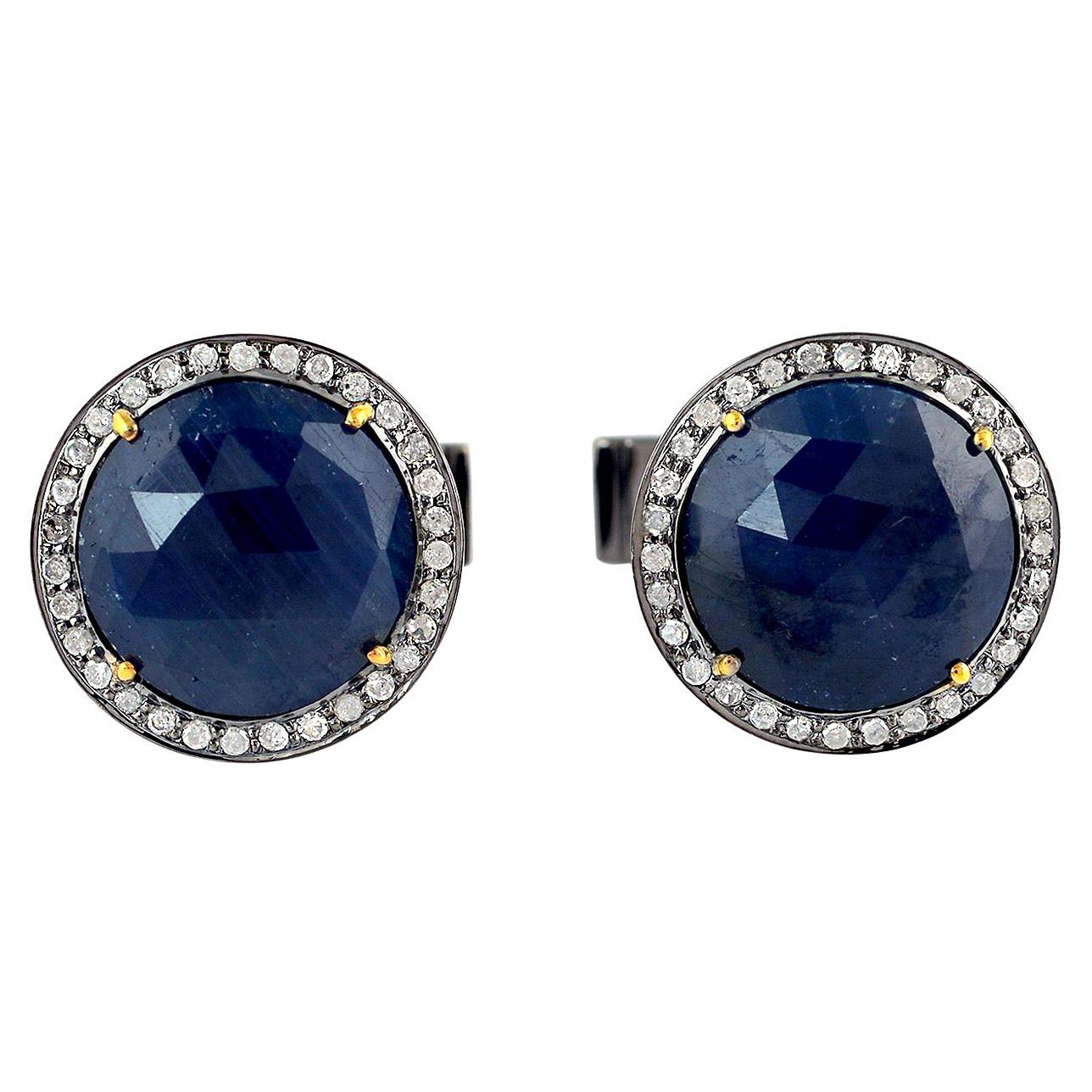 Boutons de manchette saphir bleu 12,34 carats et diamants en vente