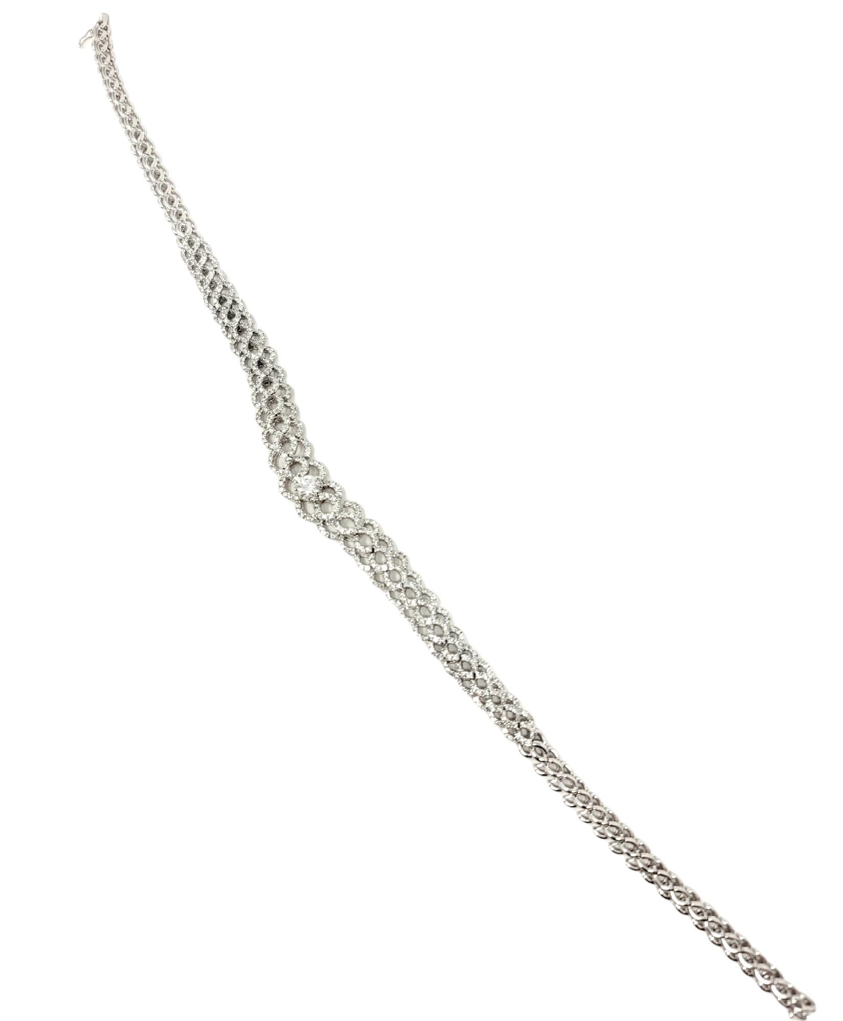 12.34 Carat Total Round Diamond Woven Braid Collar Necklace 14 Karat White Gold For Sale 2