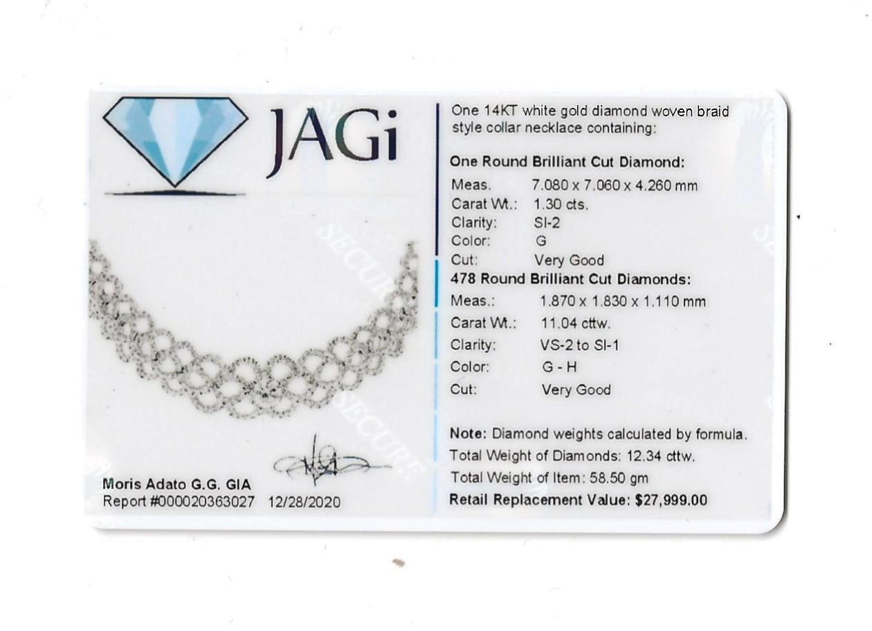 12.34 Carat Total Round Diamond Woven Braid Collar Necklace 14 Karat White Gold For Sale 8