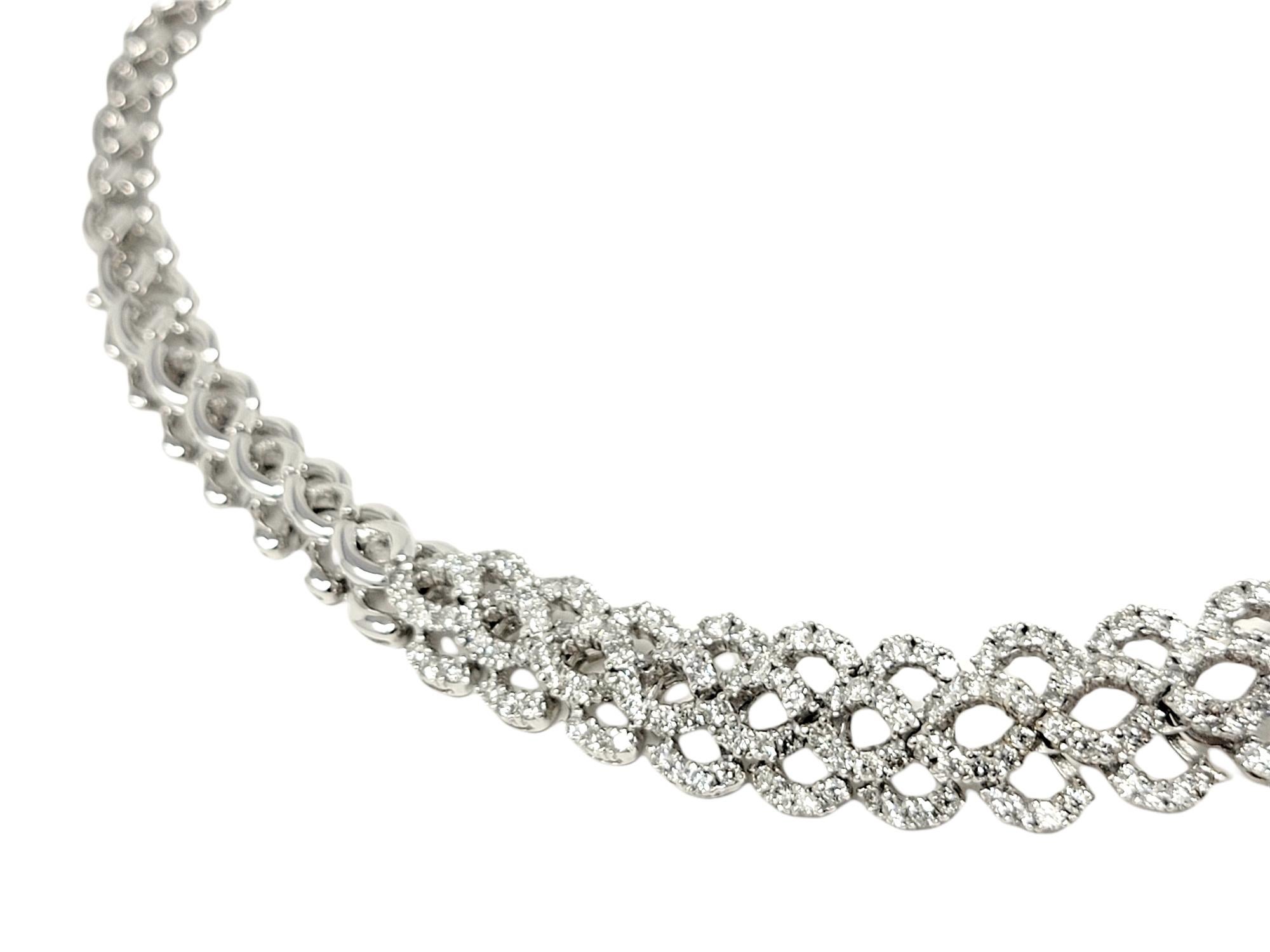 Round Cut 12.34 Carat Total Round Diamond Woven Braid Collar Necklace 14 Karat White Gold For Sale