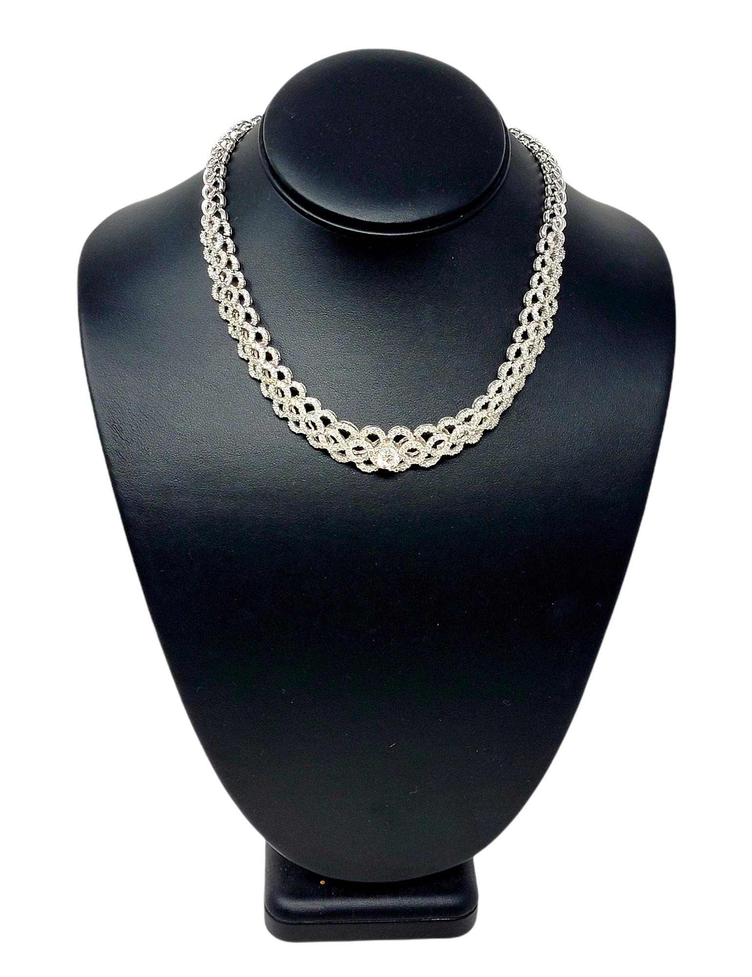 Women's 12.34 Carat Total Round Diamond Woven Braid Collar Necklace 14 Karat White Gold For Sale
