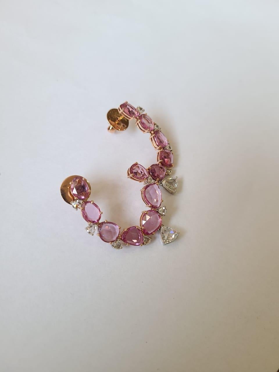 Modern 12.34 carats Pink Sapphire Rose Cuts & Diamonds Chandelier/ Hoop Earrings 