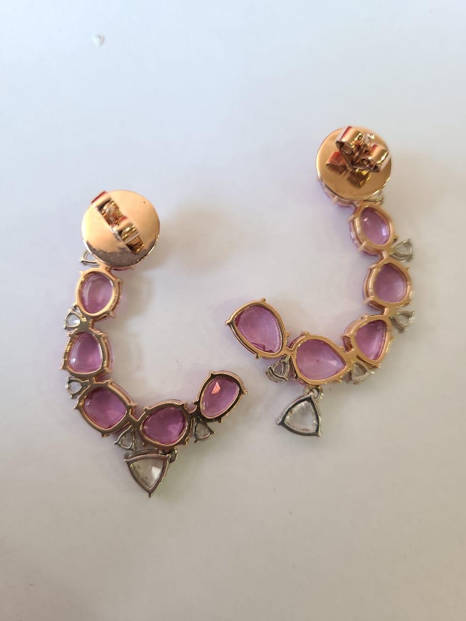 12.34 carats Pink Sapphire Rose Cuts & Diamonds Chandelier/ Hoop Earrings  In New Condition In Hong Kong, HK
