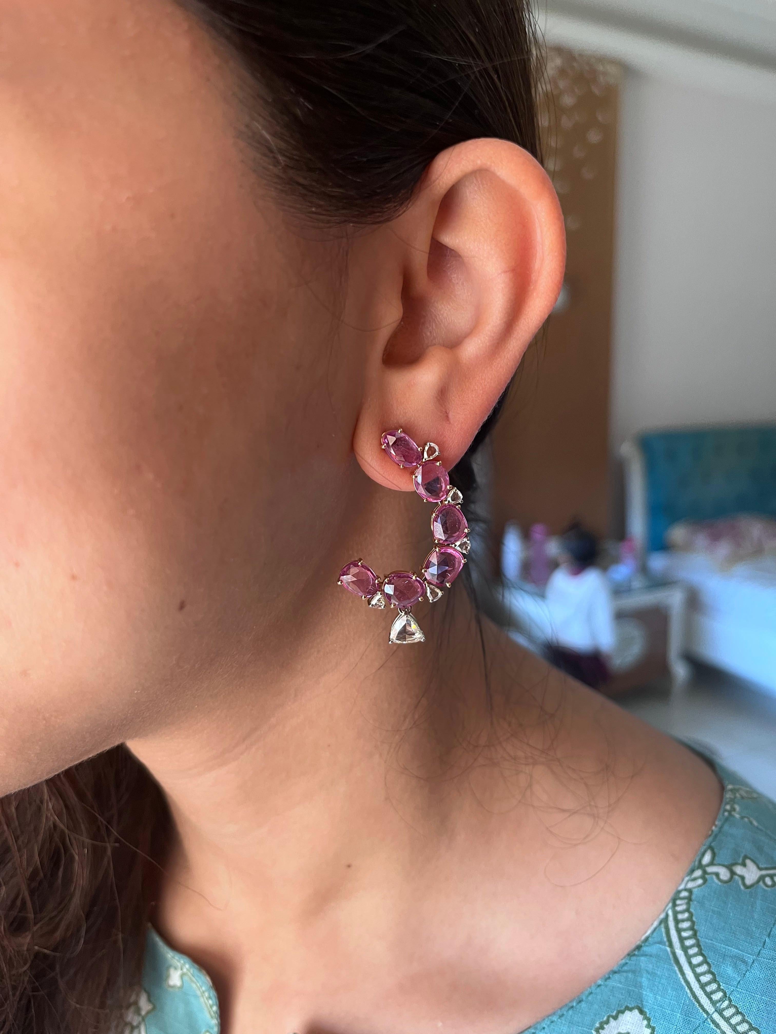 Women's or Men's 12.34 carats Pink Sapphire Rose Cuts & Diamonds Chandelier/ Hoop Earrings 