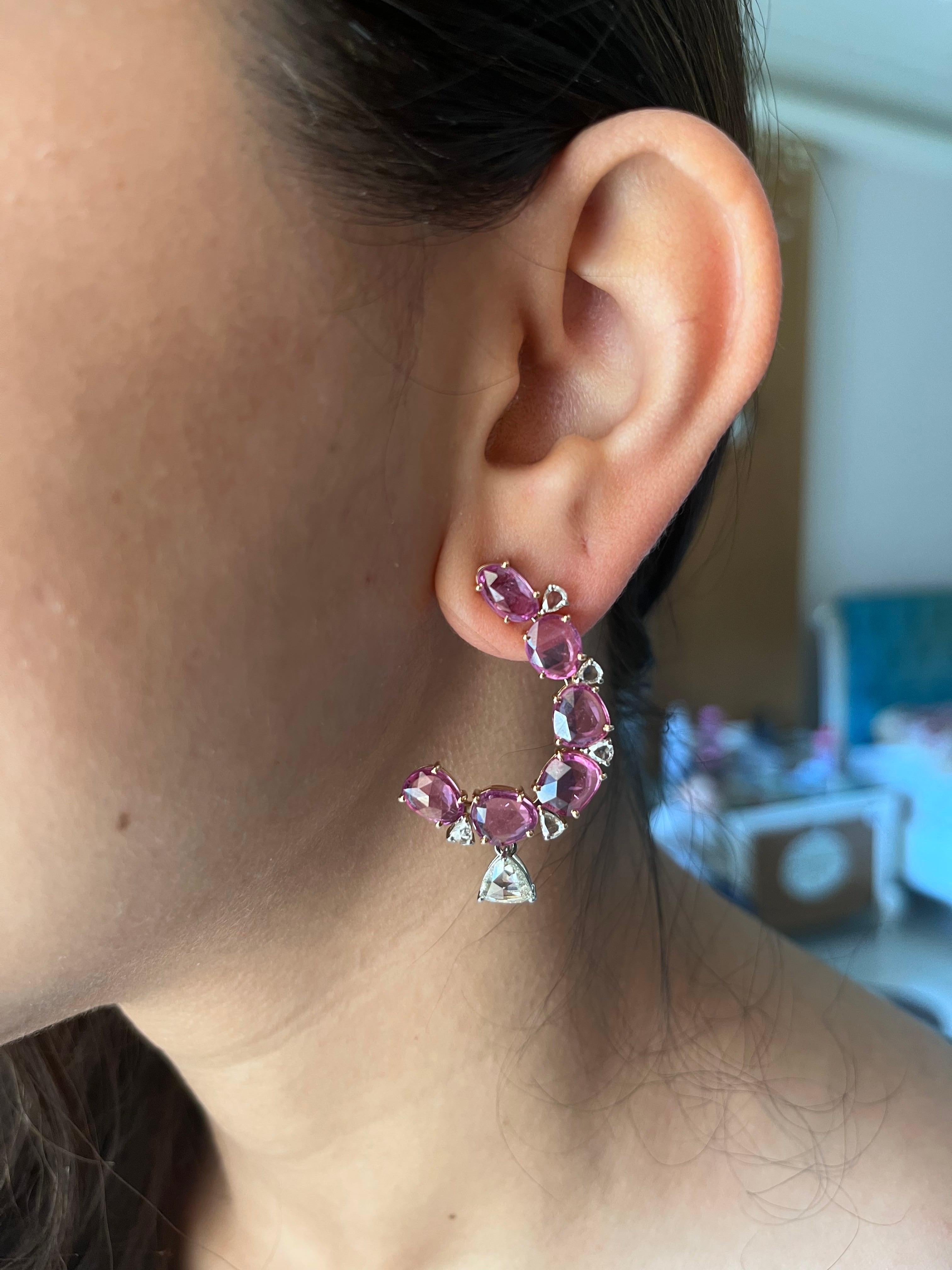 12.34 carats Pink Sapphire Rose Cuts & Diamonds Chandelier/ Hoop Earrings  1