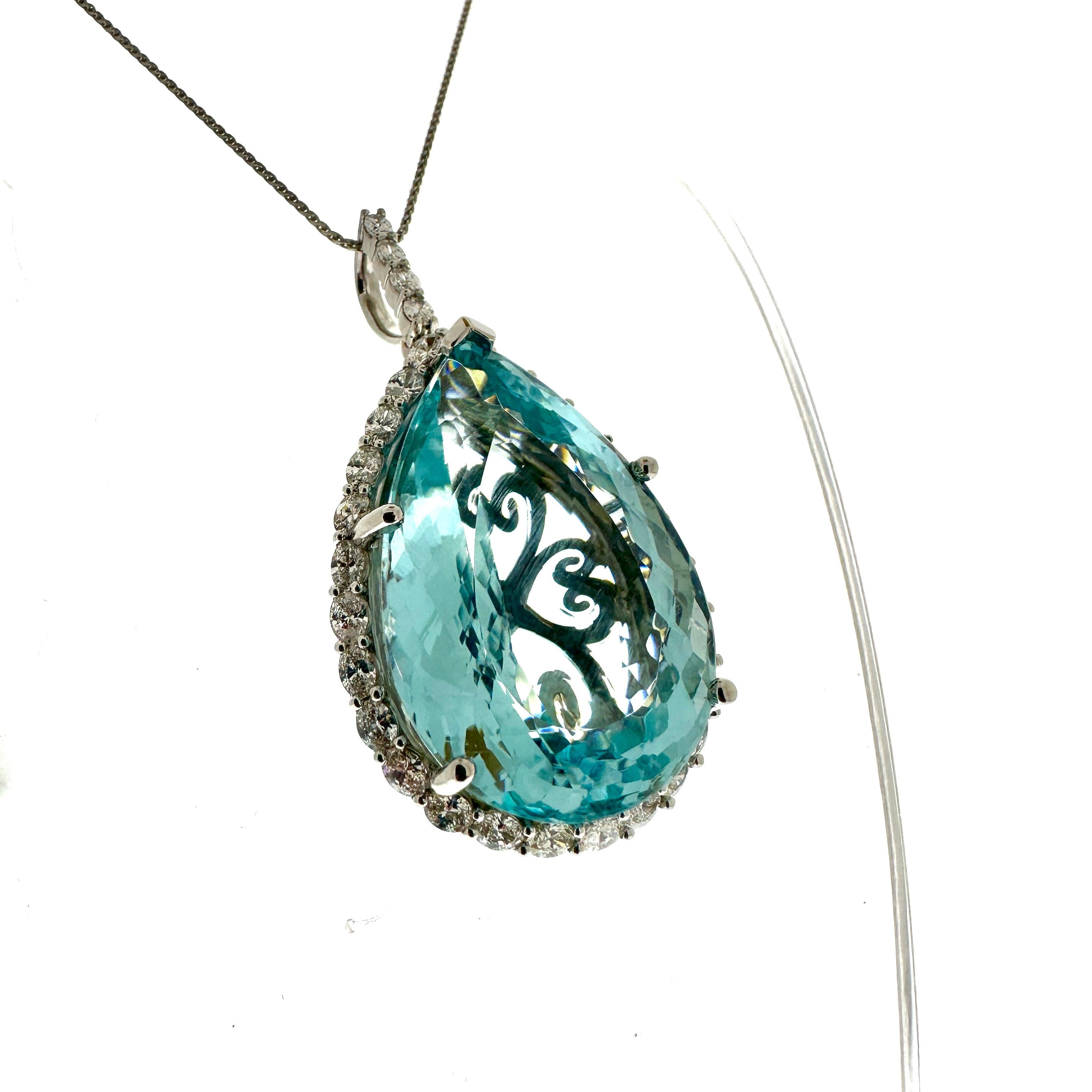 123.44 Carat Blue Topaz Oval Cut & Diamond Fashion Pendant in 18k White Gold In New Condition For Sale In Chicago, IL