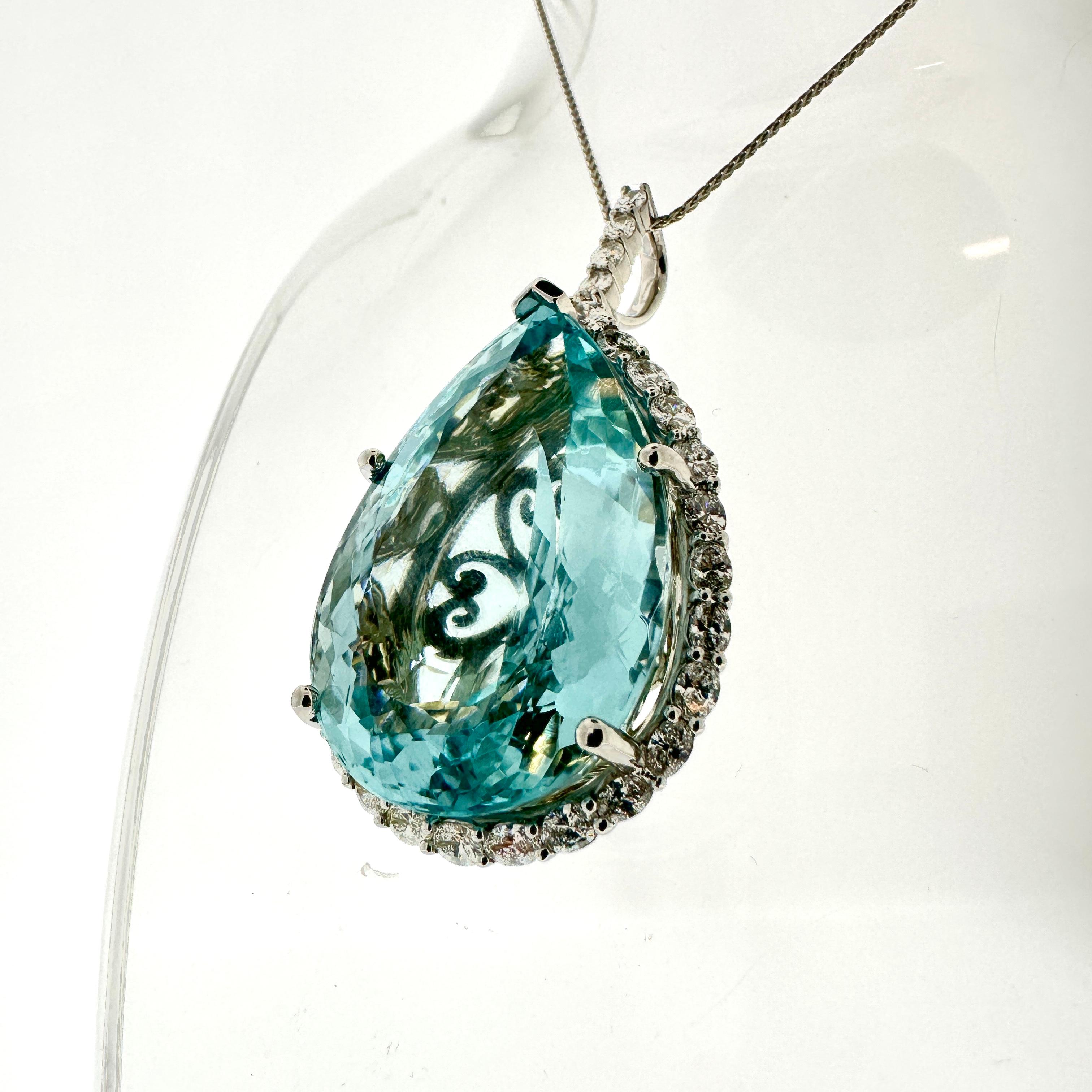 Women's 123.44 Carat Blue Topaz Oval Cut & Diamond Fashion Pendant in 18k White Gold For Sale