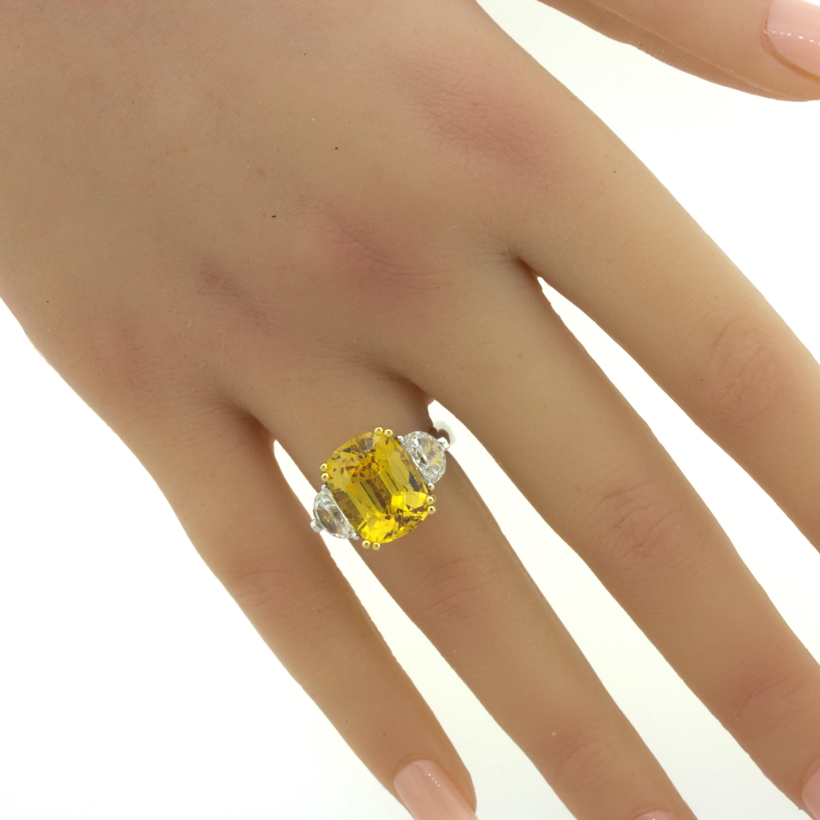 12.35 Carat Fancy Yellow Sapphire Diamond 18K White Gold 3-Stone Ring For Sale 5