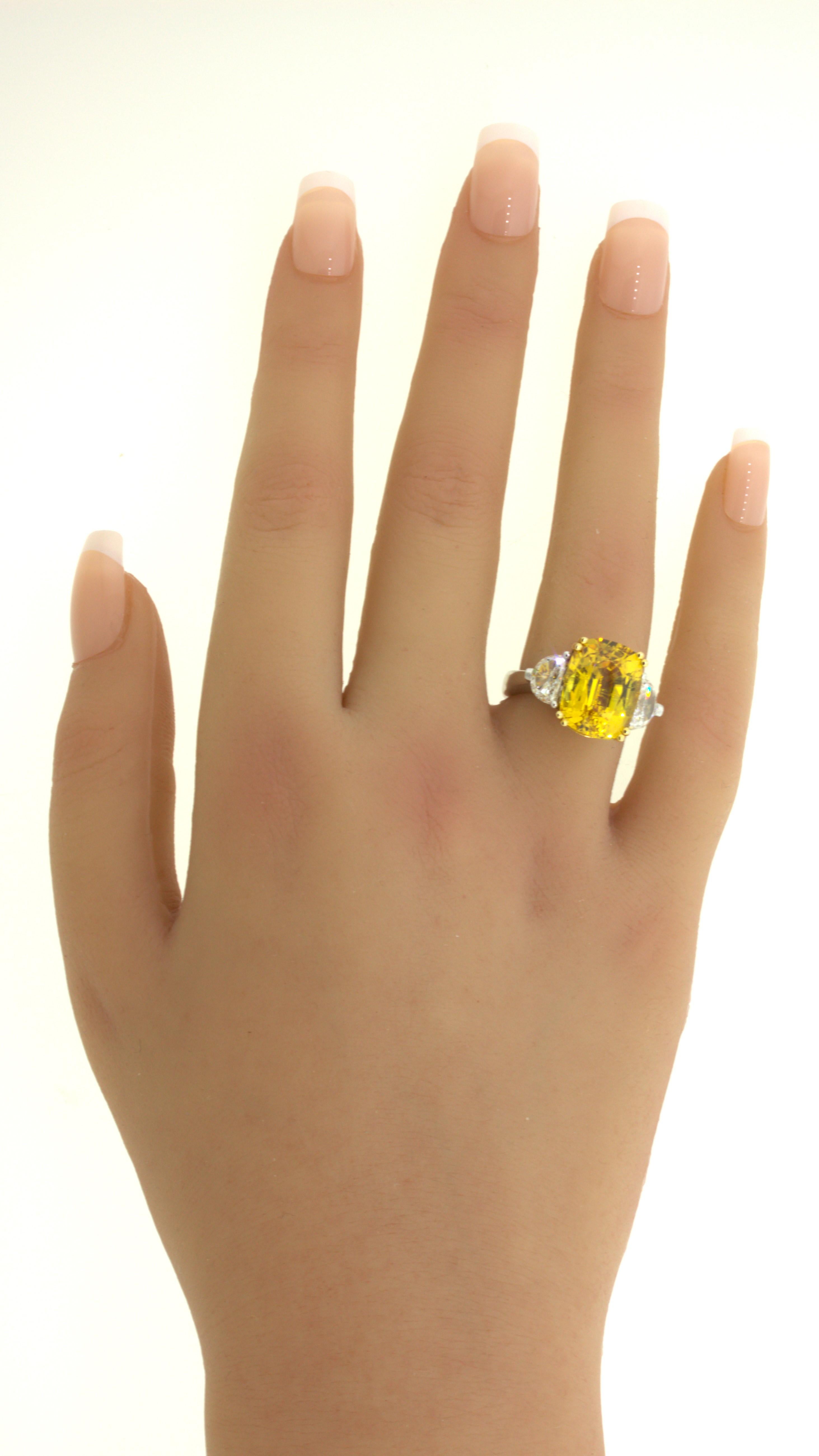 12.35 Carat Fancy Yellow Sapphire Diamond 18K White Gold 3-Stone Ring For Sale 6
