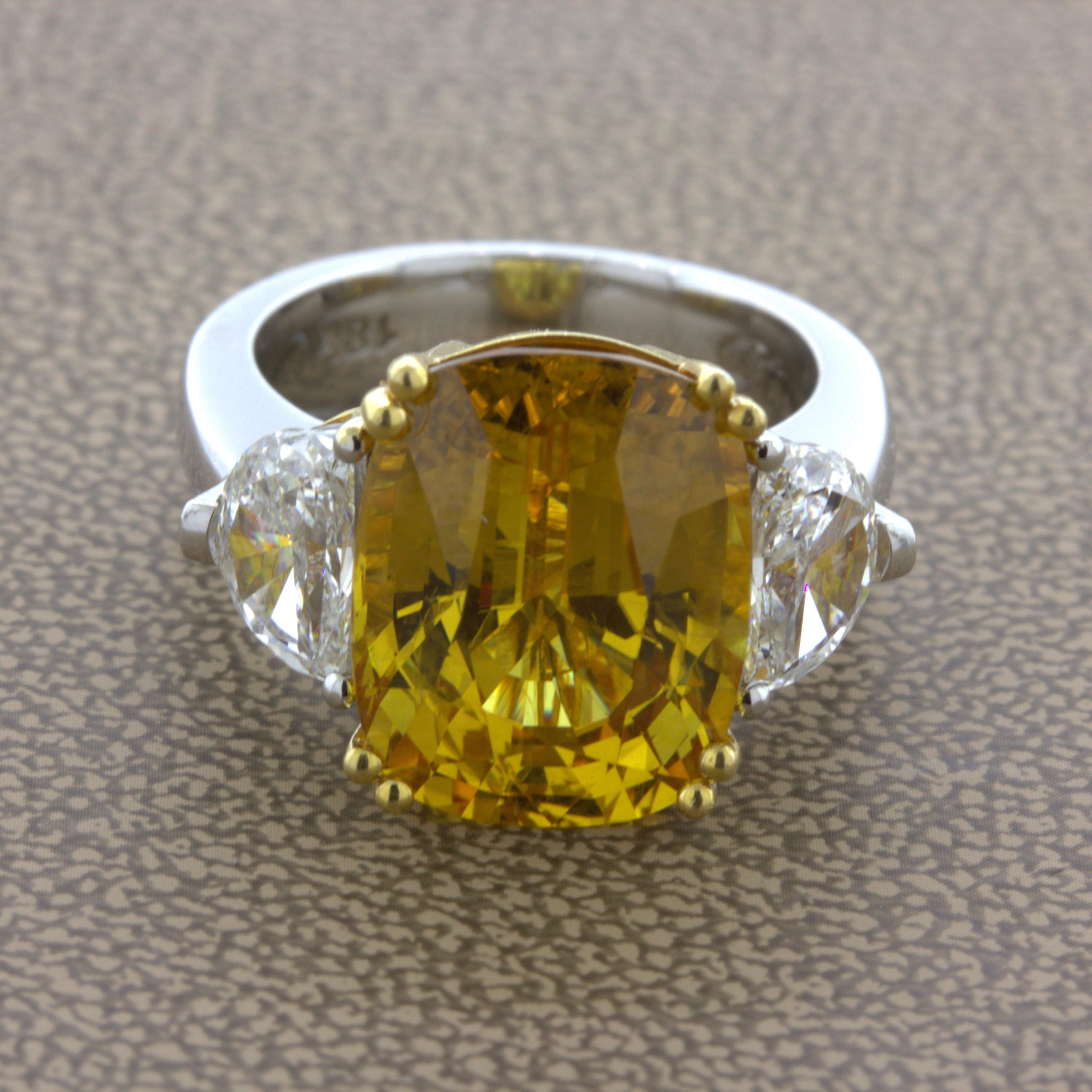 A very special fancy yellow sapphire due to its large size and its amazingly bright and vivid yellow color. It weighs an impressive 12.35 carats and is completely eye clean, no visible inclusions can be seen in the stone. Adding to that, it has a