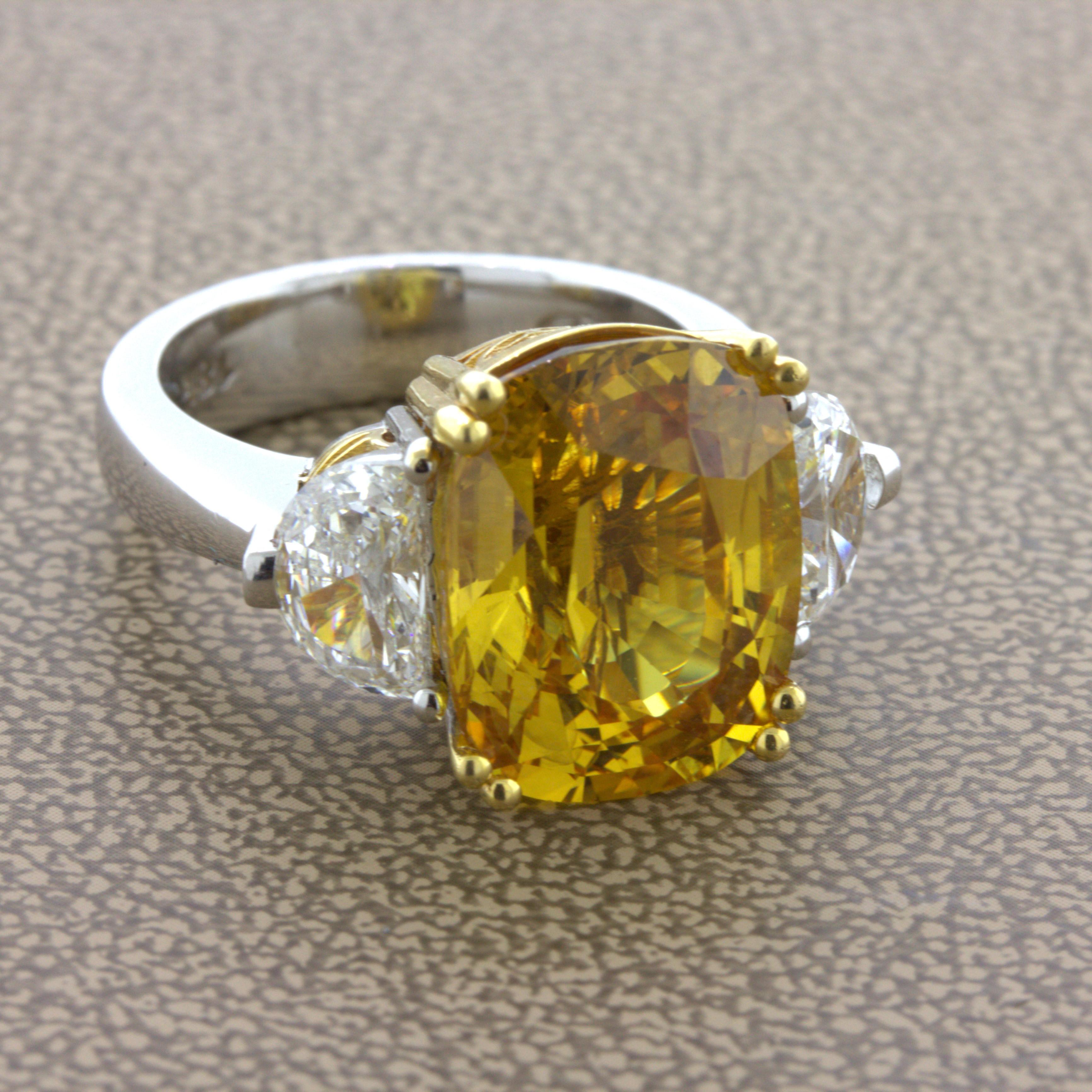 Cushion Cut 12.35 Carat Fancy Yellow Sapphire Diamond 18K White Gold 3-Stone Ring For Sale