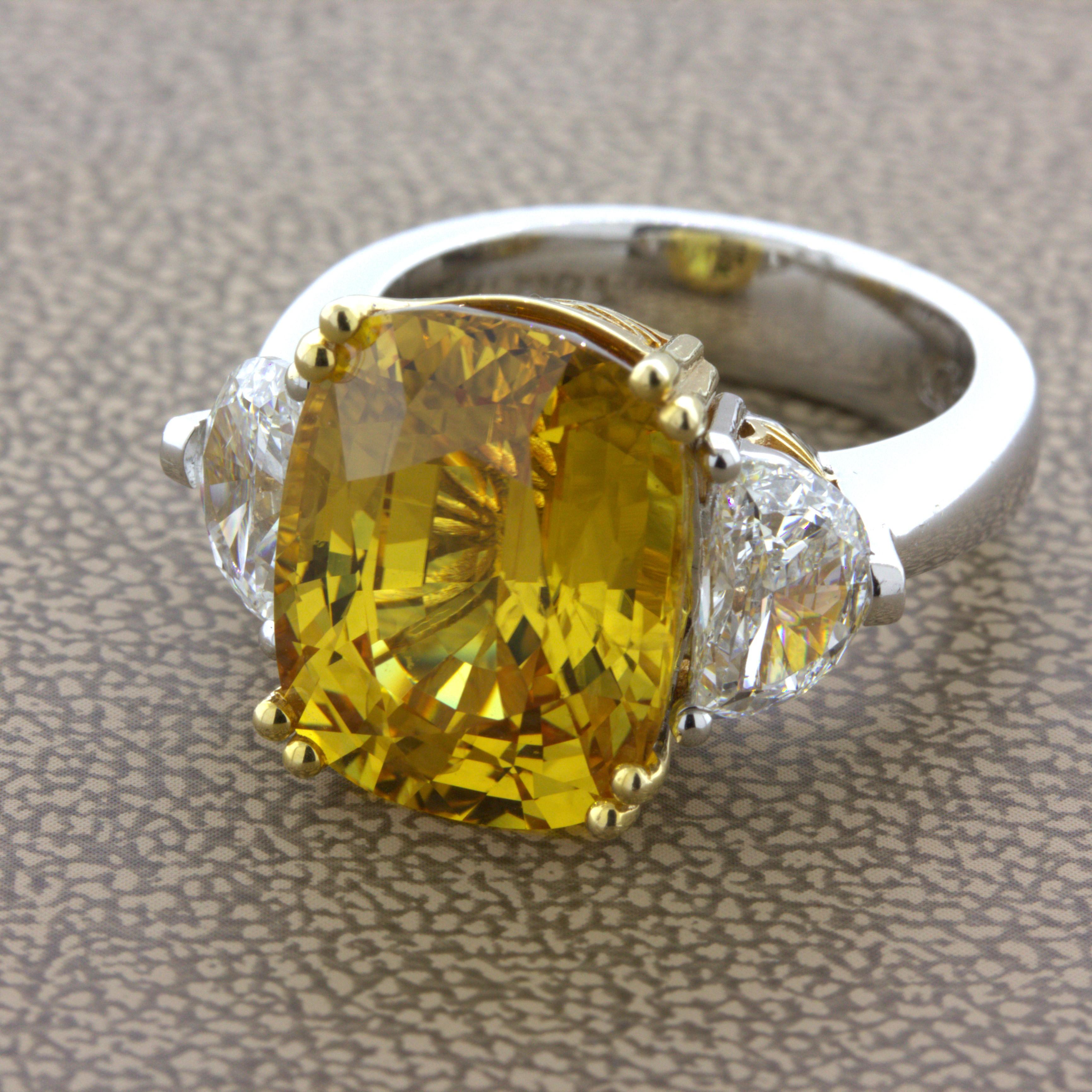 12.35 Carat Fancy Yellow Sapphire Diamond 18K White Gold 3-Stone Ring In New Condition For Sale In Beverly Hills, CA