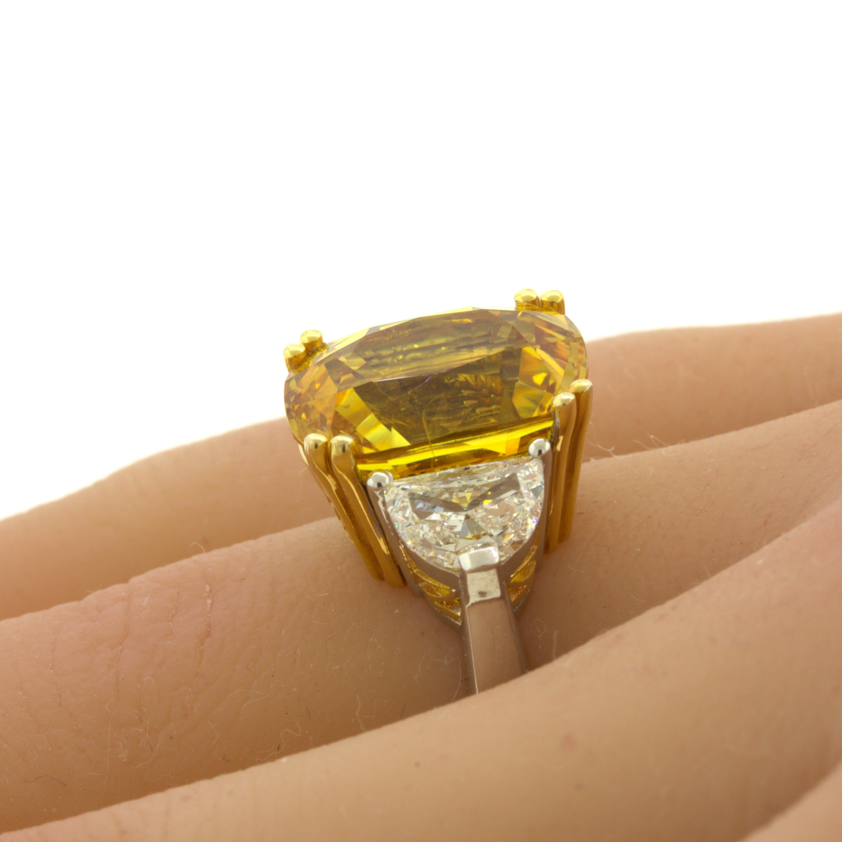 Women's 12.35 Carat Fancy Yellow Sapphire Diamond 18K White Gold 3-Stone Ring For Sale