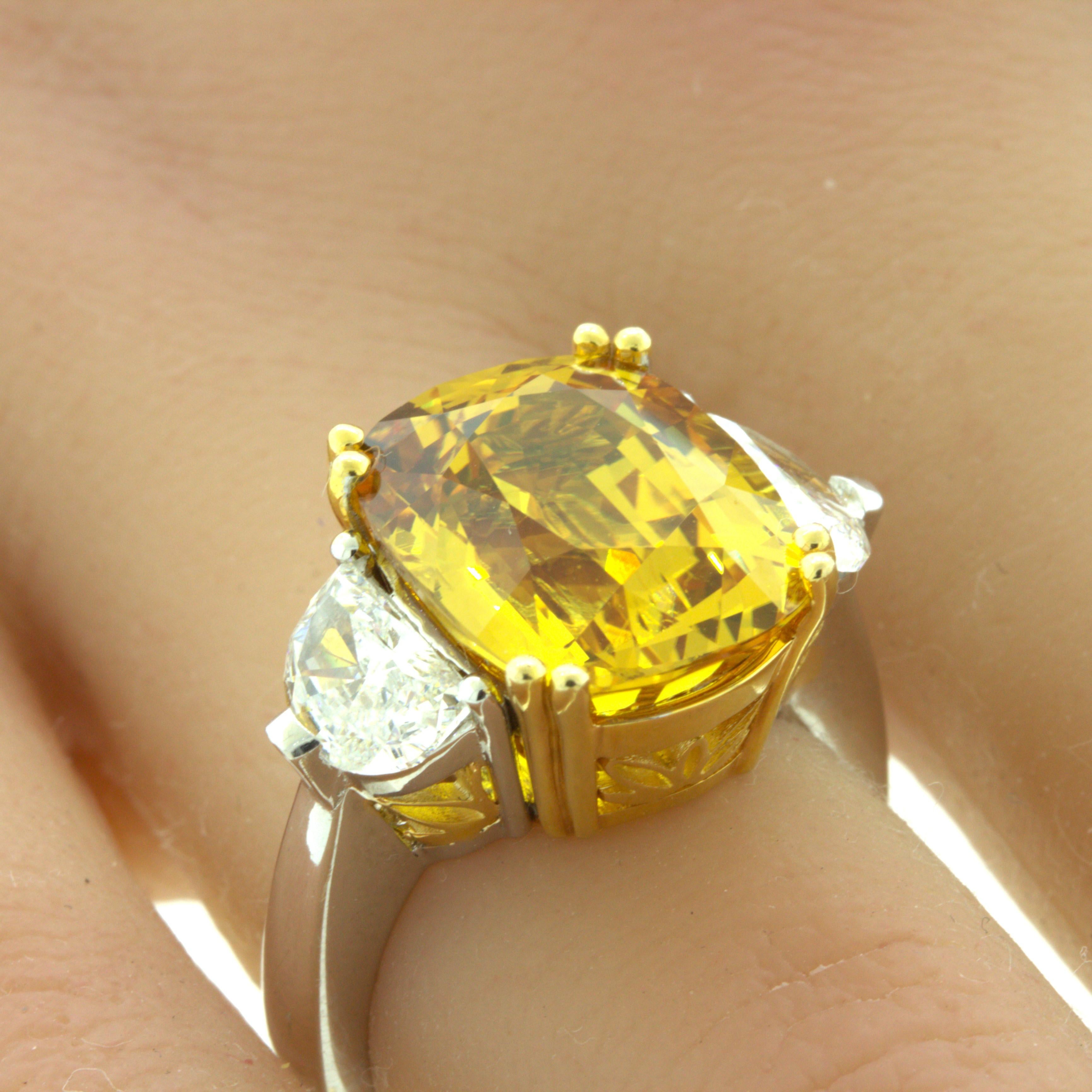 12.35 Carat Fancy Yellow Sapphire Diamond 18K White Gold 3-Stone Ring For Sale 1