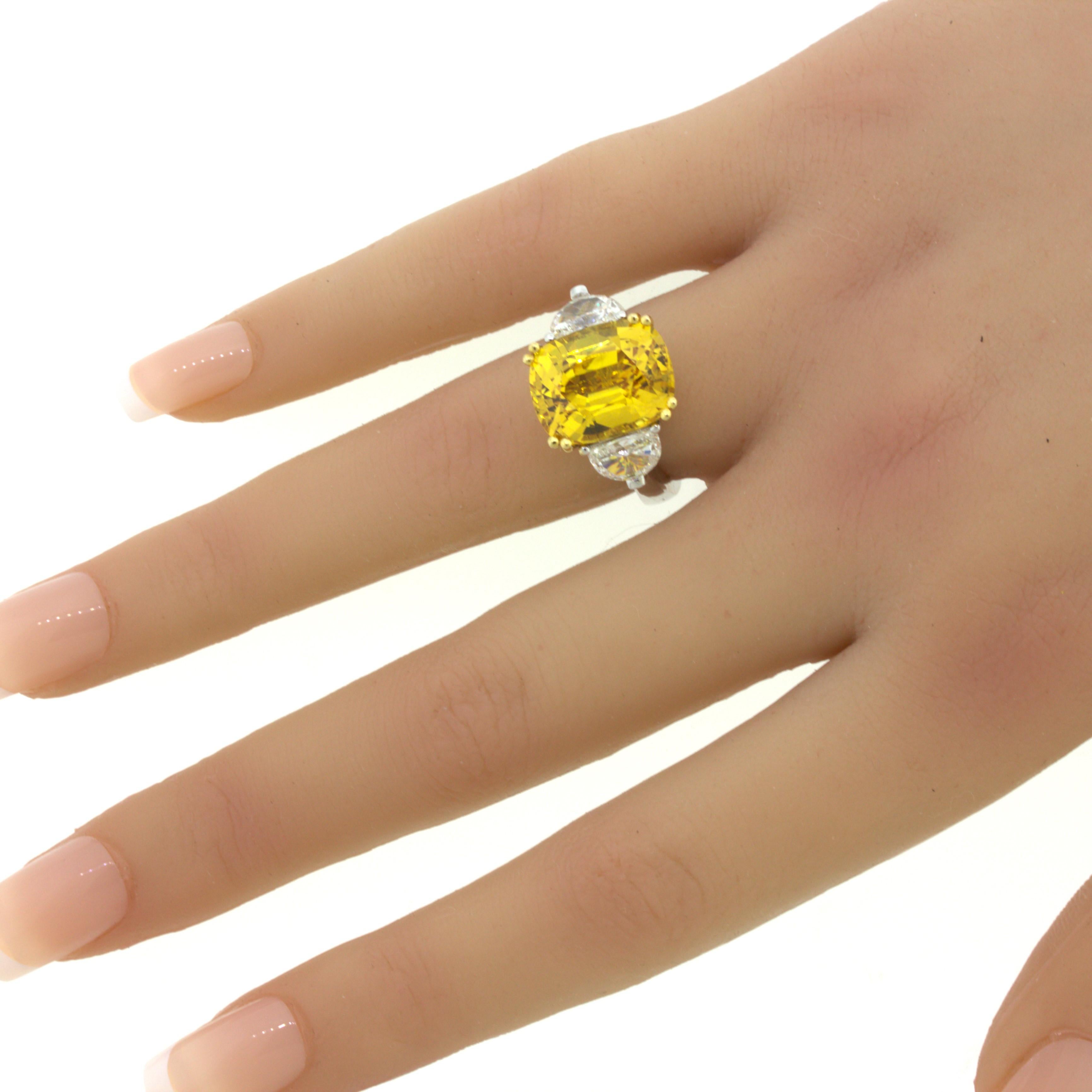 12.35 Carat Fancy Yellow Sapphire Diamond 18K White Gold 3-Stone Ring For Sale 2