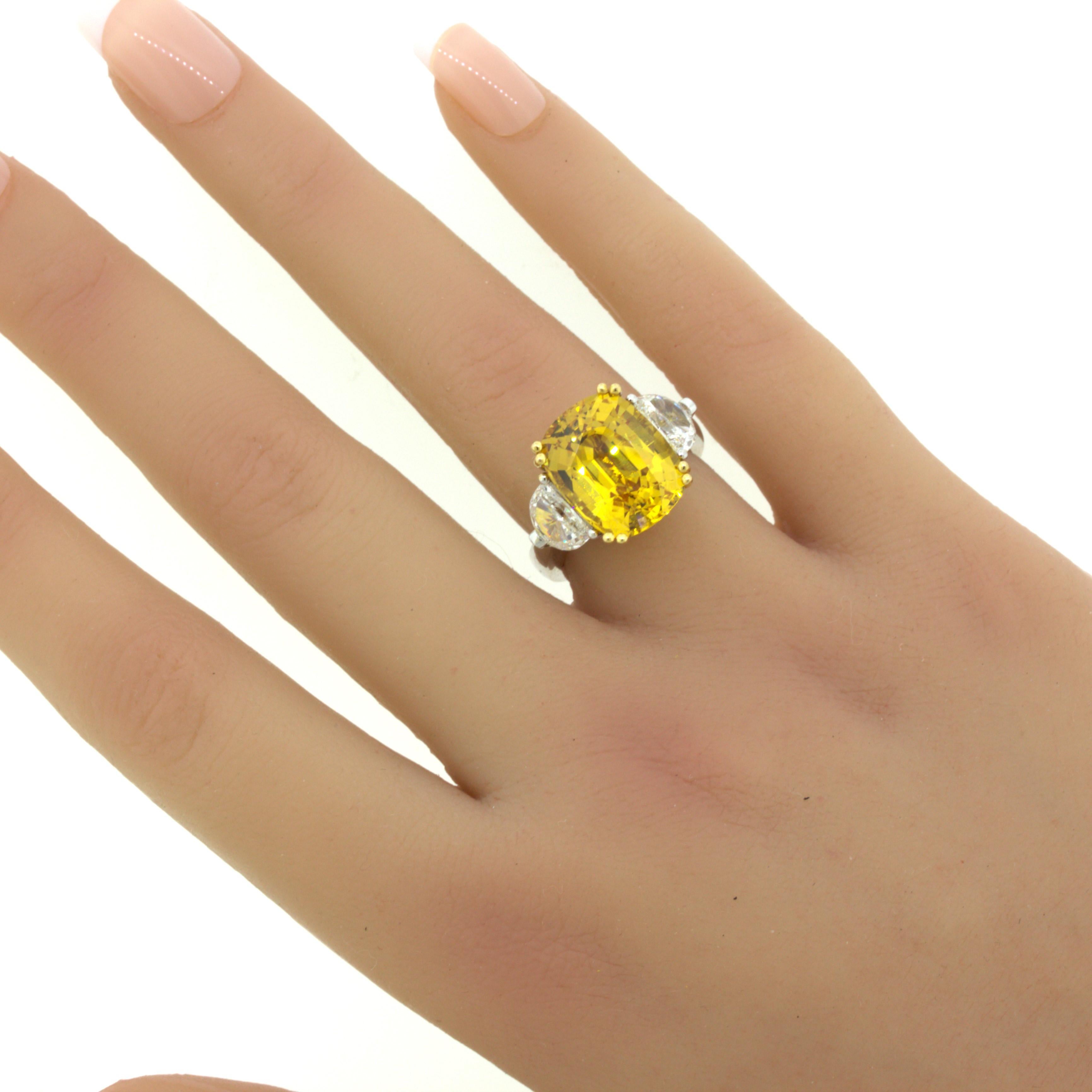 12.35 Carat Fancy Yellow Sapphire Diamond 18K White Gold 3-Stone Ring For Sale 3