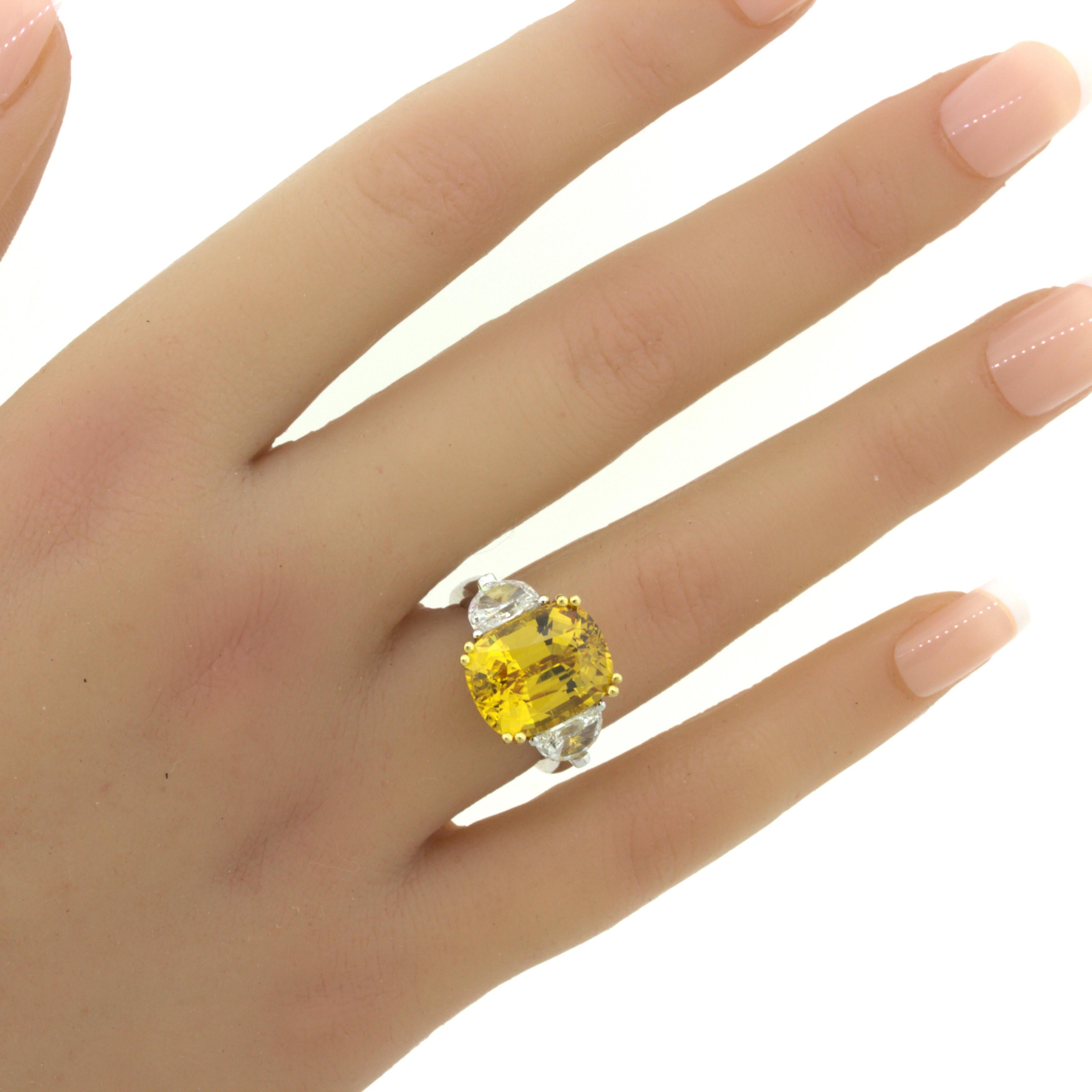 12.35 Carat Fancy Yellow Sapphire Diamond 18K White Gold 3-Stone Ring For Sale 4