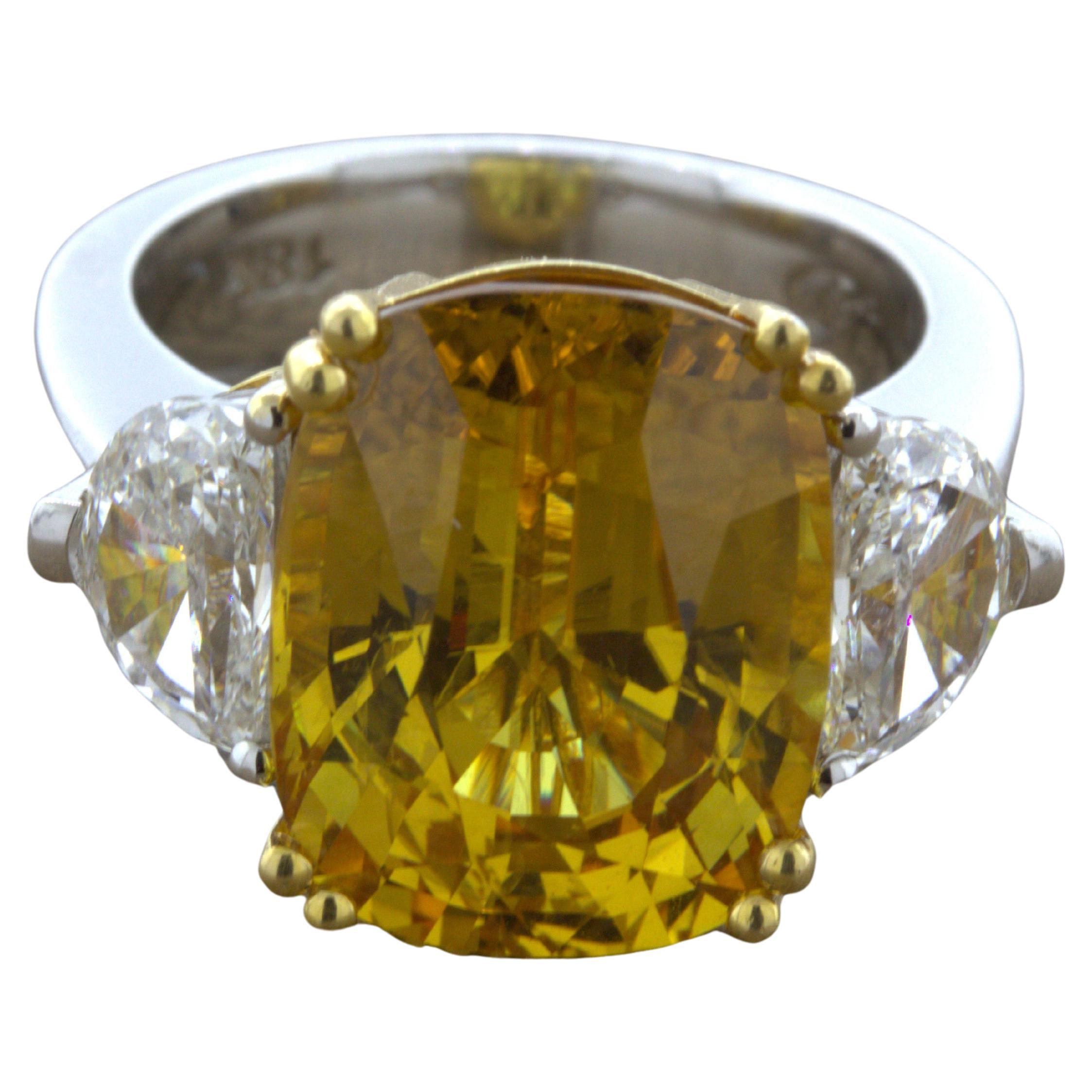 12.35 Carat Fancy Yellow Sapphire Diamond 18K White Gold 3-Stone Ring For Sale