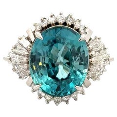 12.36 Carat Oval Blue Zircon and Diamond Statement Cocktail Ring