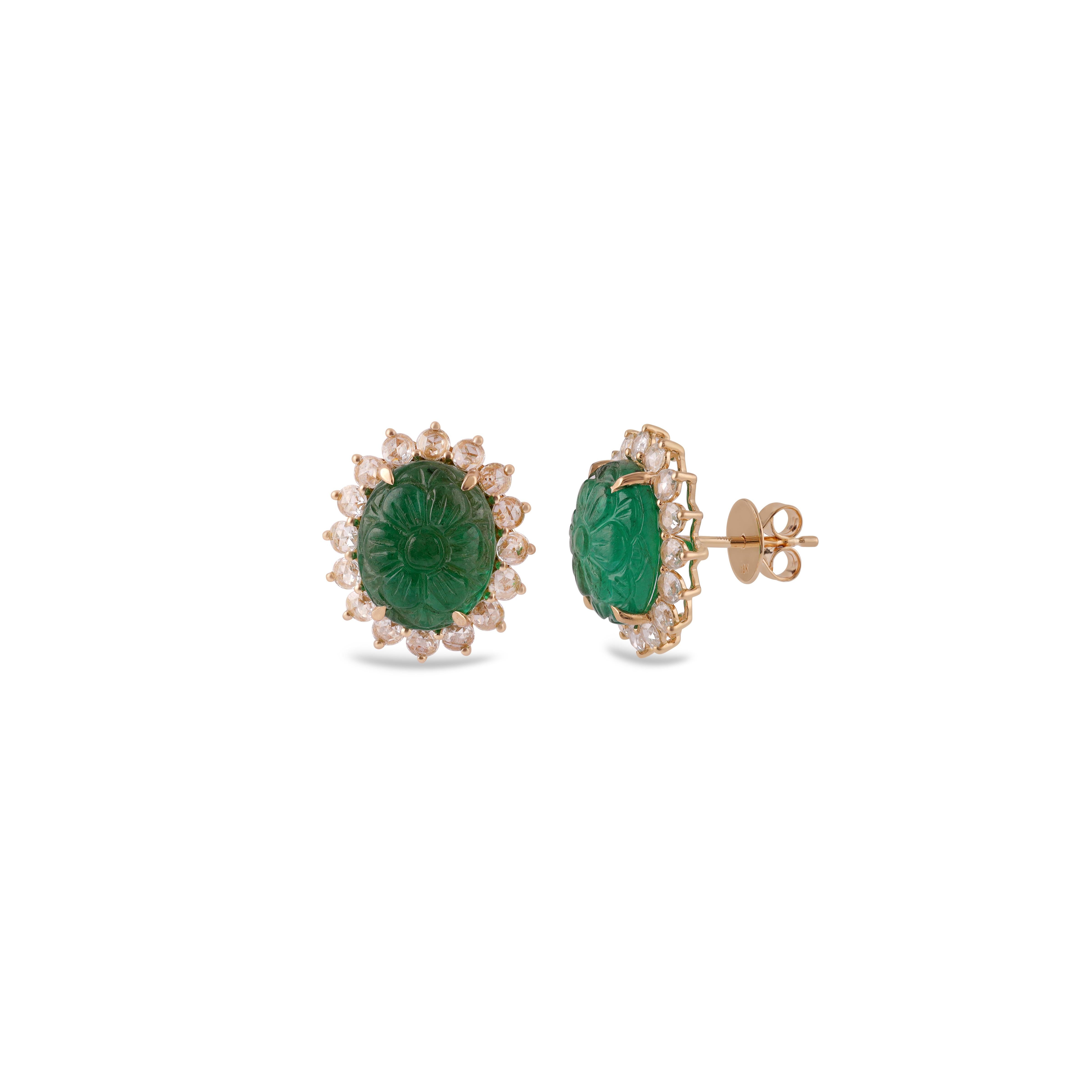 Classical Roman 12.37 Carat Carved Zambian Emerald & Diamond Cluster Earring in 18K Yellow gold For Sale