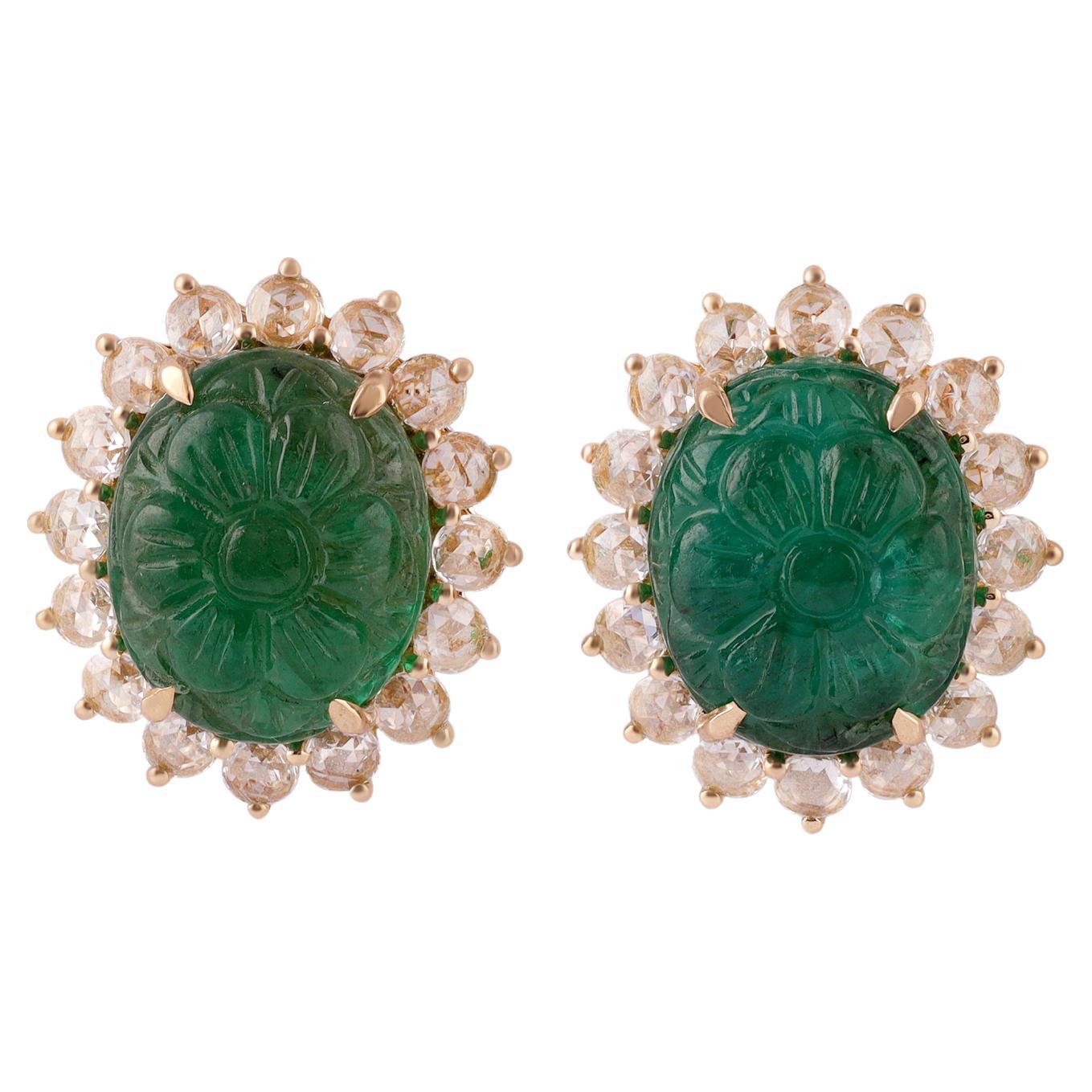 12.37 Carat Carved Zambian Emerald & Diamond Cluster Earring in 18K Yellow gold For Sale