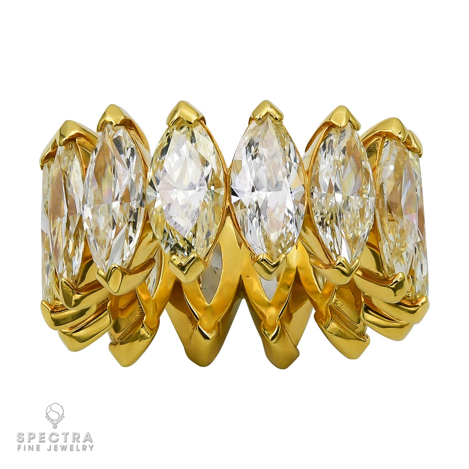 An eternity band comprising of 14 marquise-shape yellow diamonds weighing a total of 12.37 carats.
Each diamond is approximately 0.88 carat. 
The diamonds are all natural, not certified. Appraisal available upon request.
Metal is 18k yellow gold,