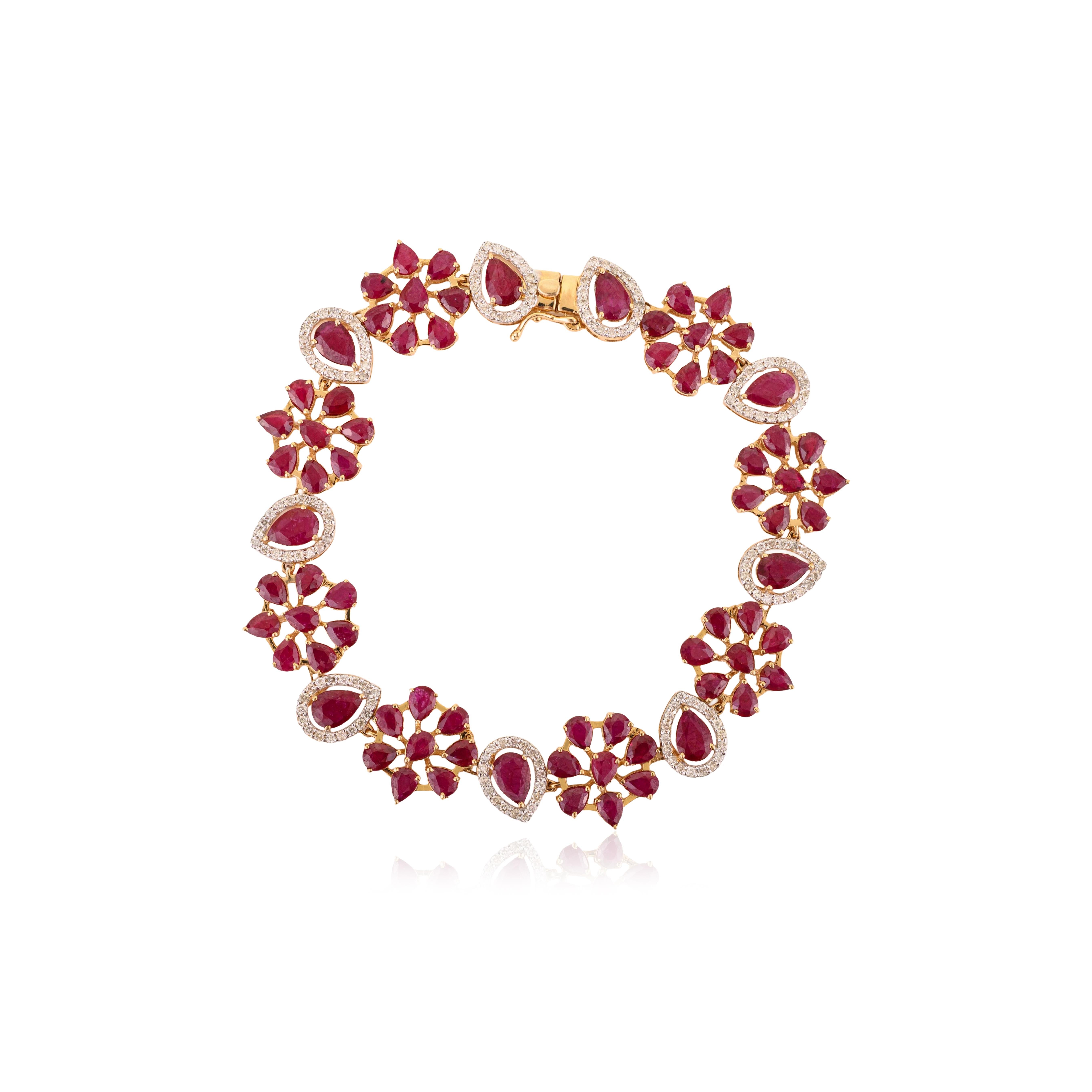 12.37 CTW Floral Ruby 
Diamond Bracelet with Pear Cut Rubies in 14K Yellow Gold For Sale