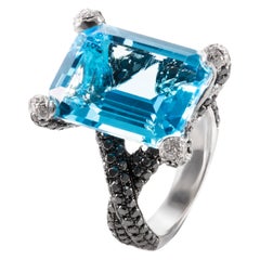 12.38 Carat Emerald-Cut Blue Topaz Black White Diamond 18KW Gold Cocktail Ring