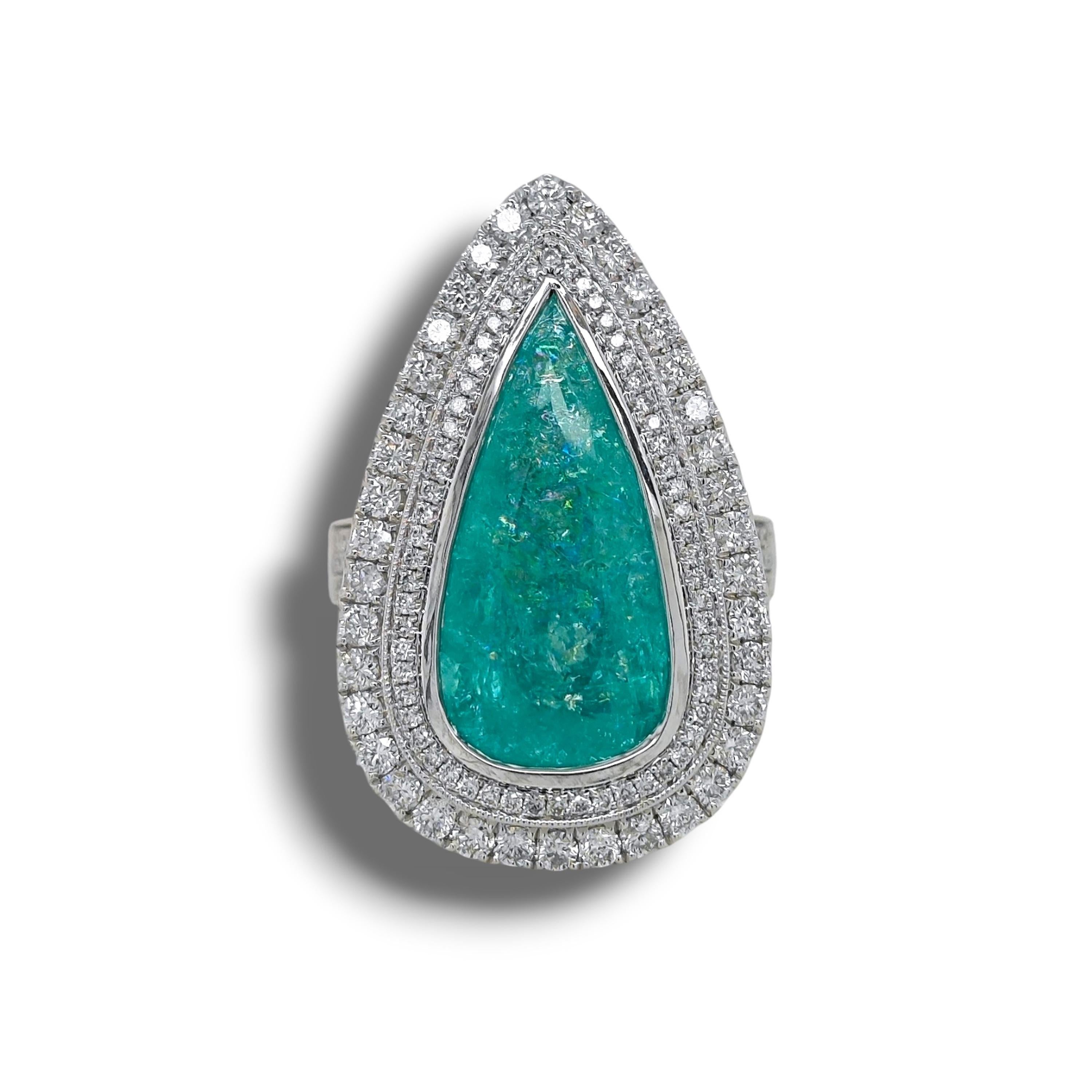 1 Gema Paraiba pera azul verdoso: 11,04 quilates
148 Diamantes Redondos Blancos: 1,34 Quilates
Metal: Oro blanco de 18 quilates, 11,70 gramos
